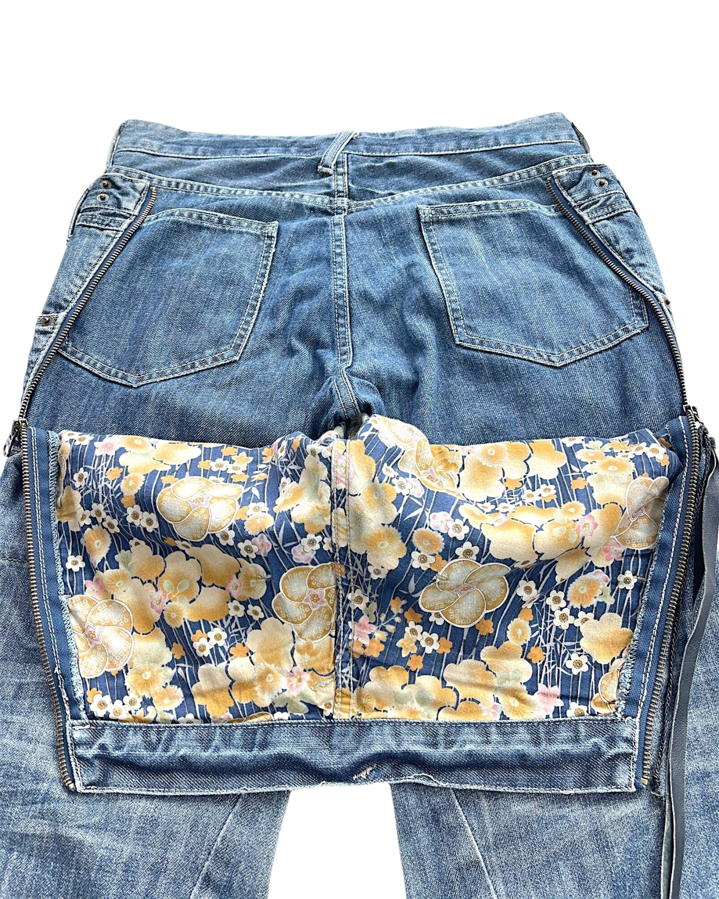 PPFM 00s Double Waist Floral Back Zip Tassel Denim