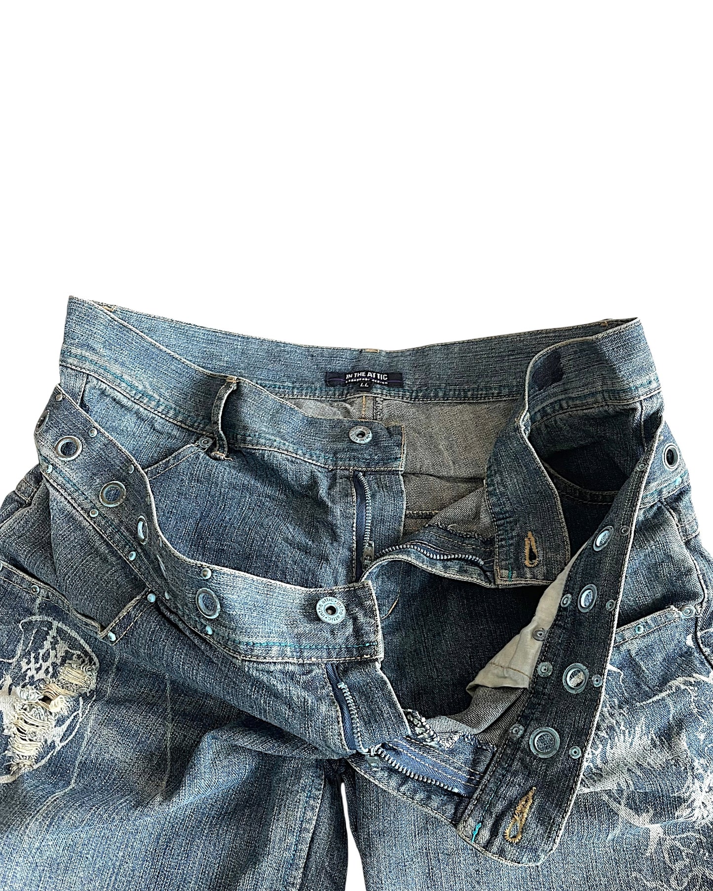 In The Attic Double Waist Studded Fringe Straight Denim