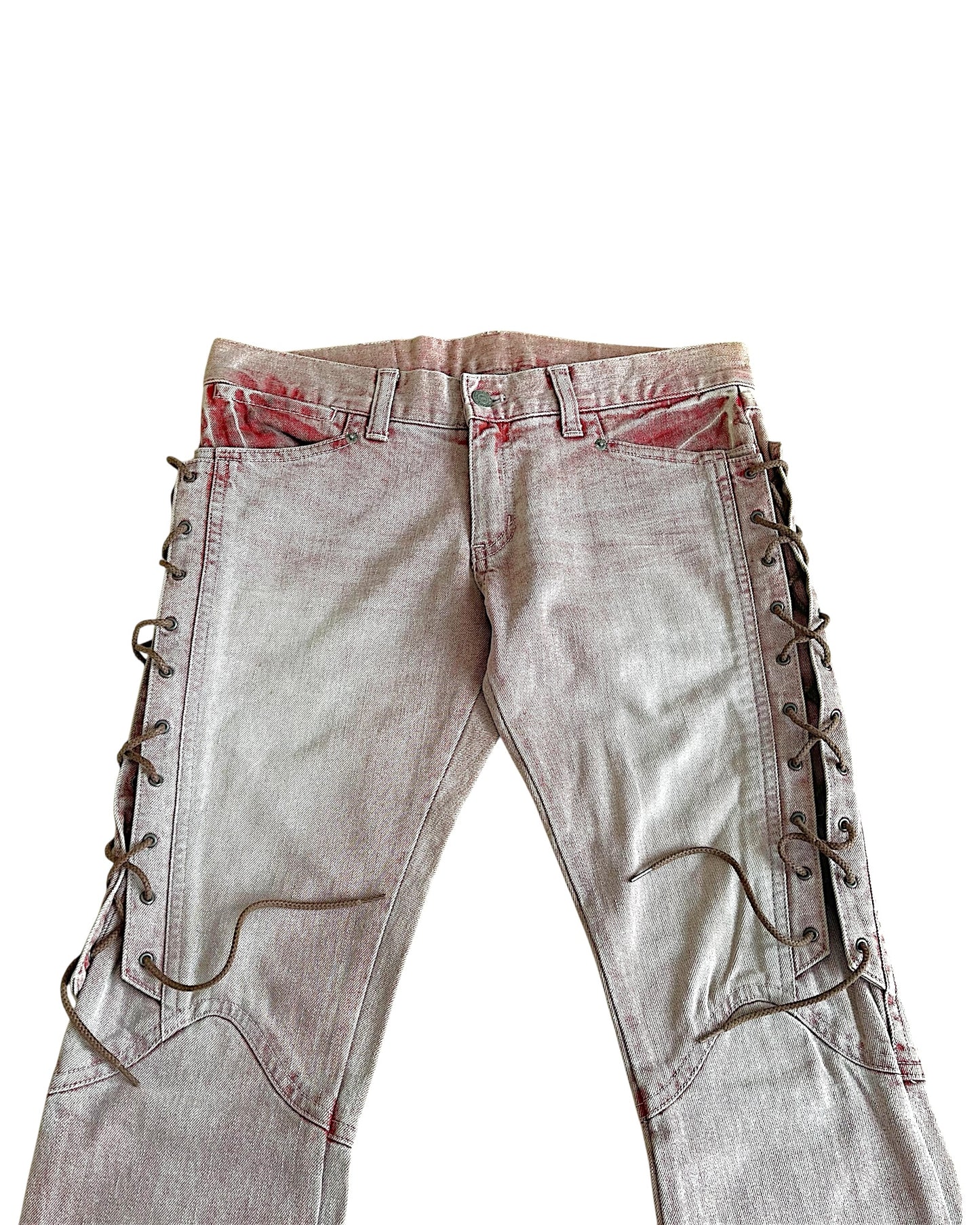 Tornado Mart Side Eyelet Lace-Up Red Dye Long Denim Jeans