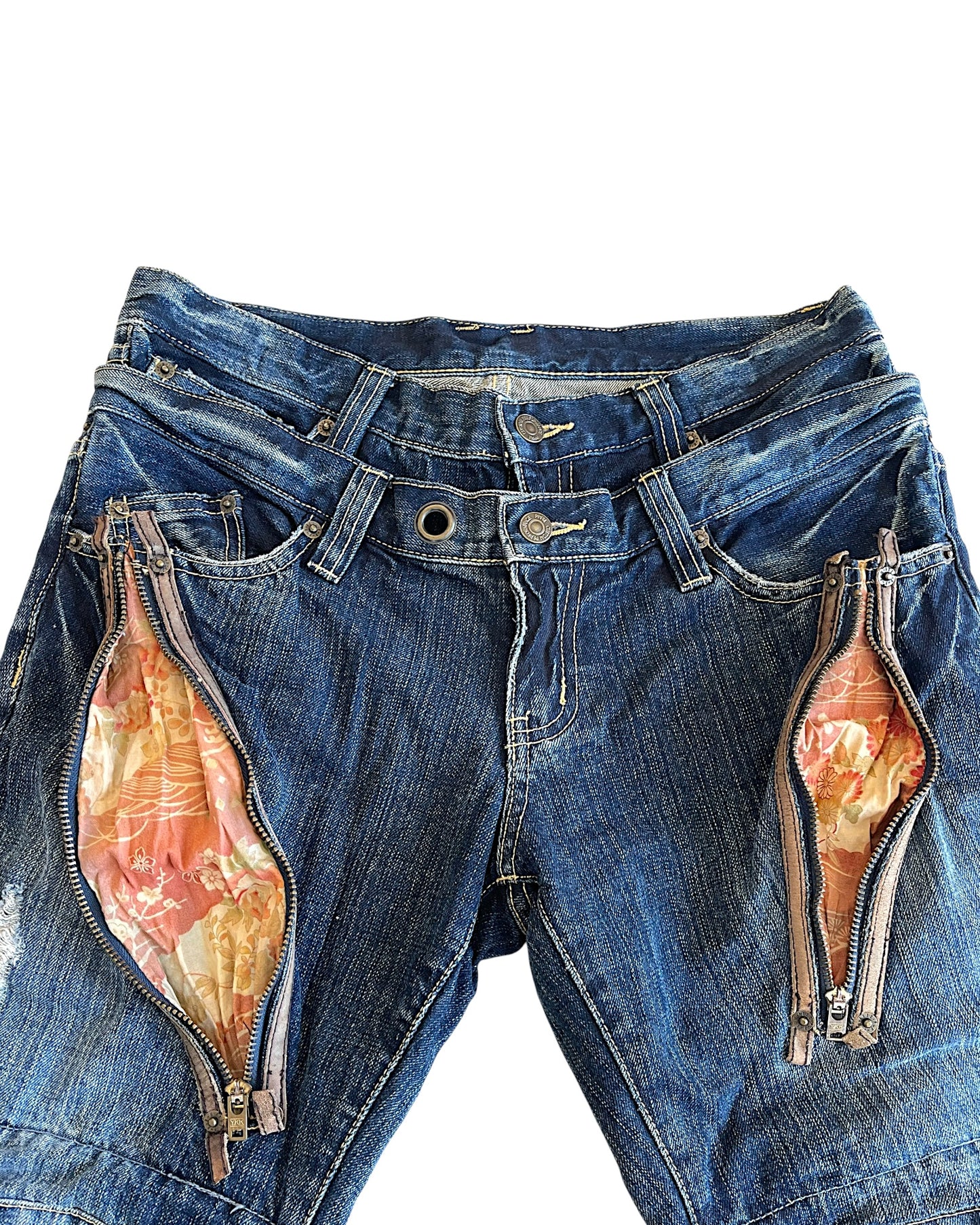 PPFM Double Waist Floral Liner J-Cut Denim Jeans