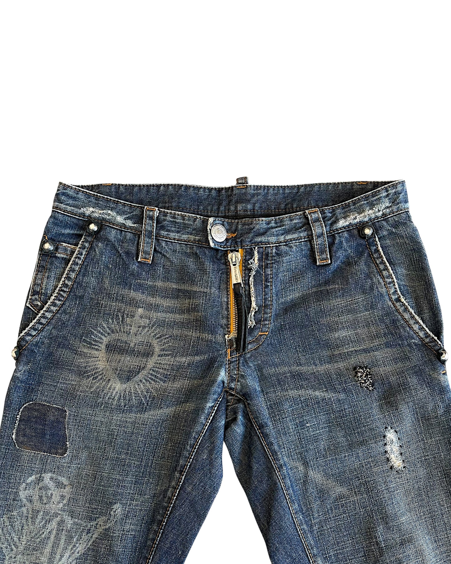 Dsquared2 00s Tattoo Prints Leather Detail Denim Jeans