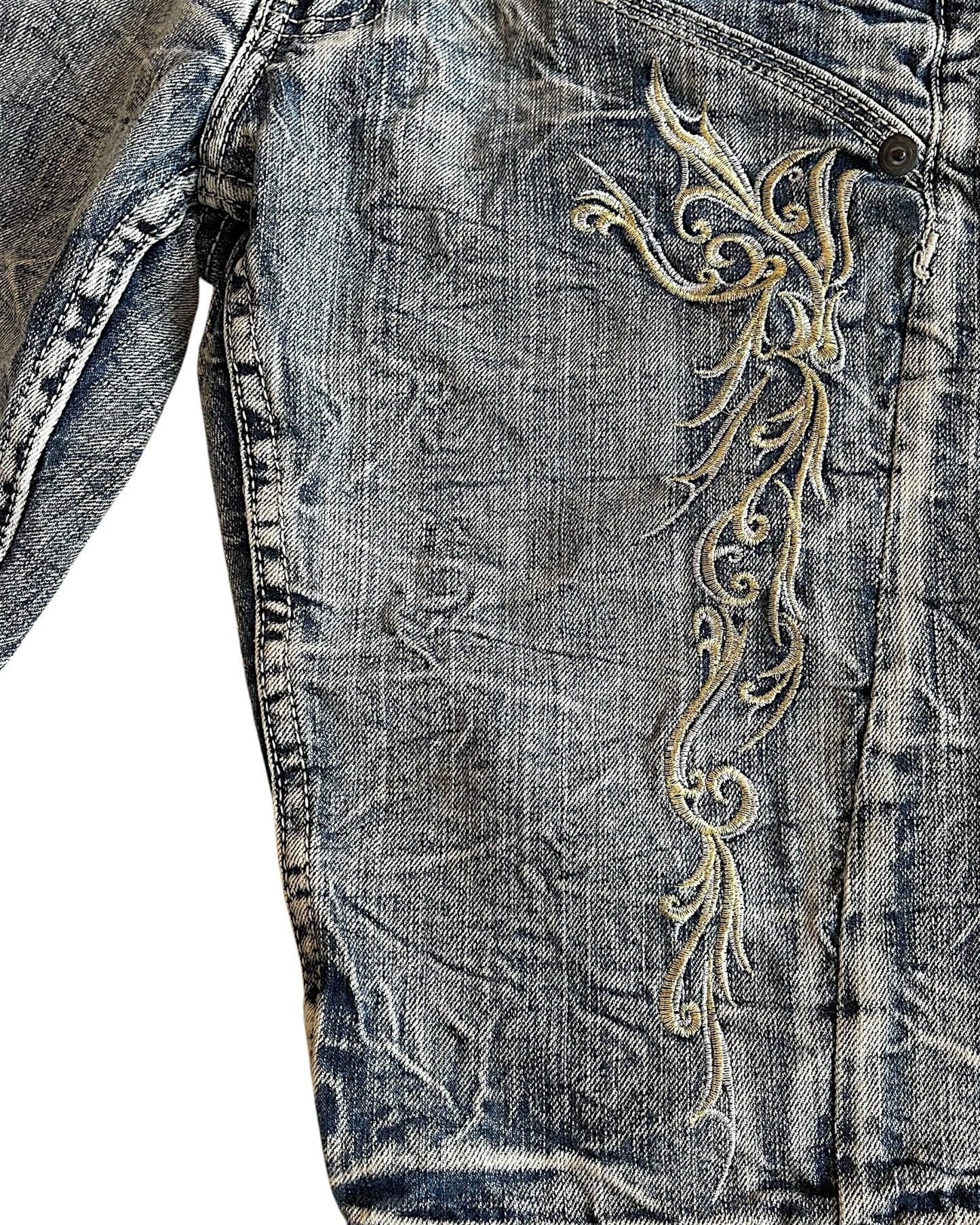 Tornado Mart Leather Detail Embroidery Denim Jean Shorts