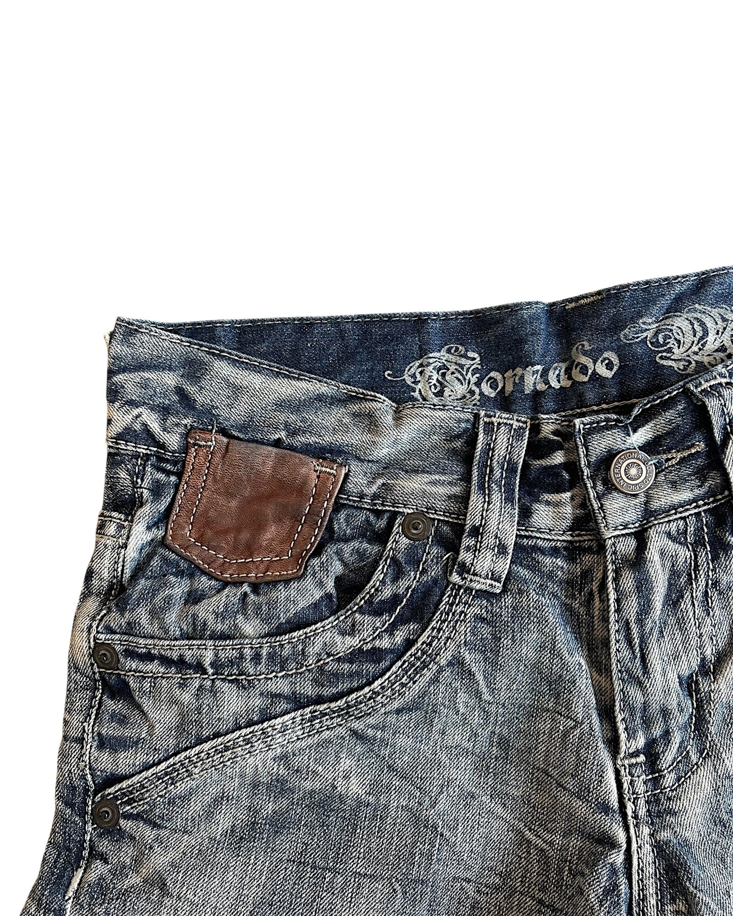 Tornado Mart Leather Detail Embroidery Denim Jean Shorts