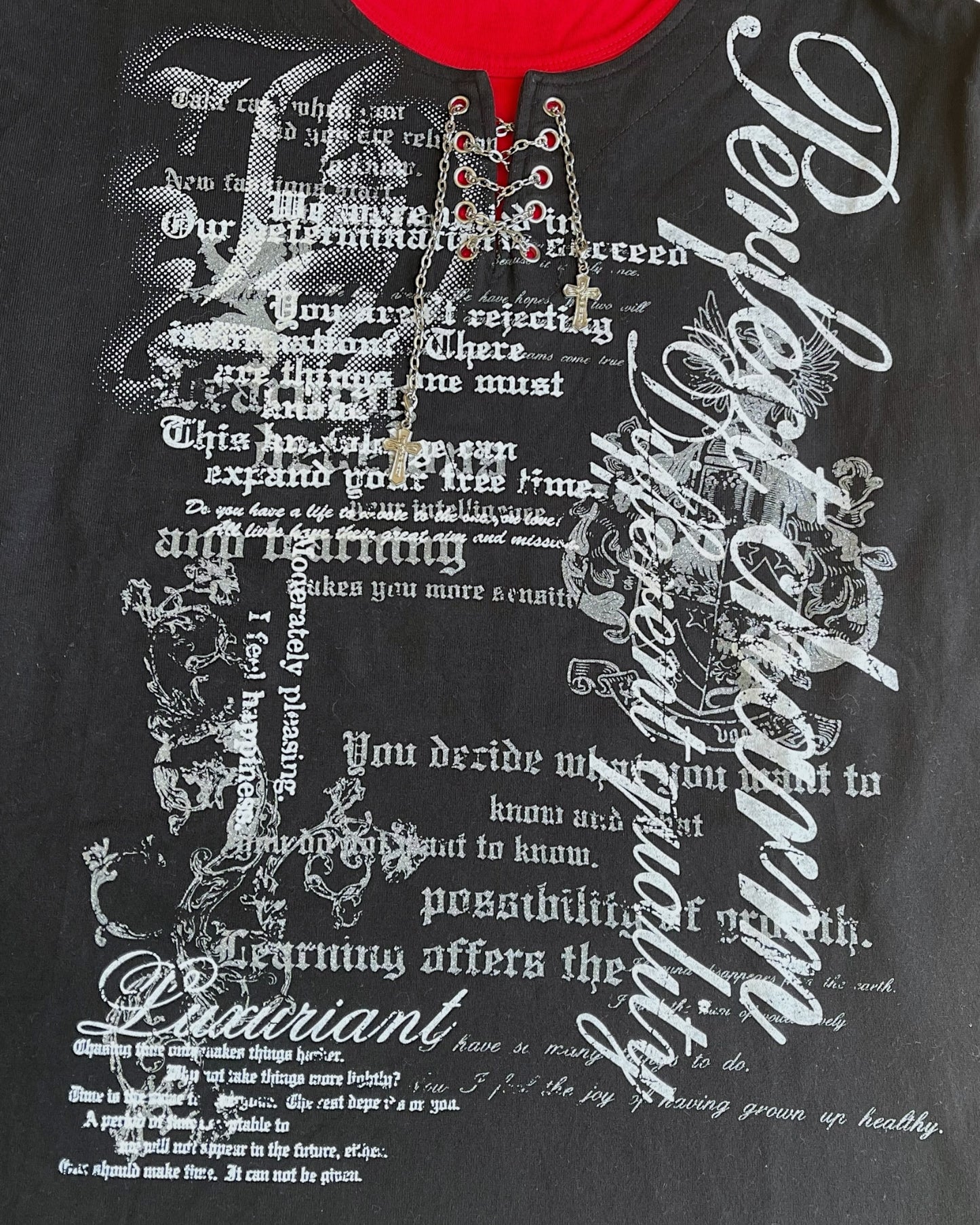 Triune 3 Design Gothic Poem Eyelet Cross Chain Layer T-Shirt