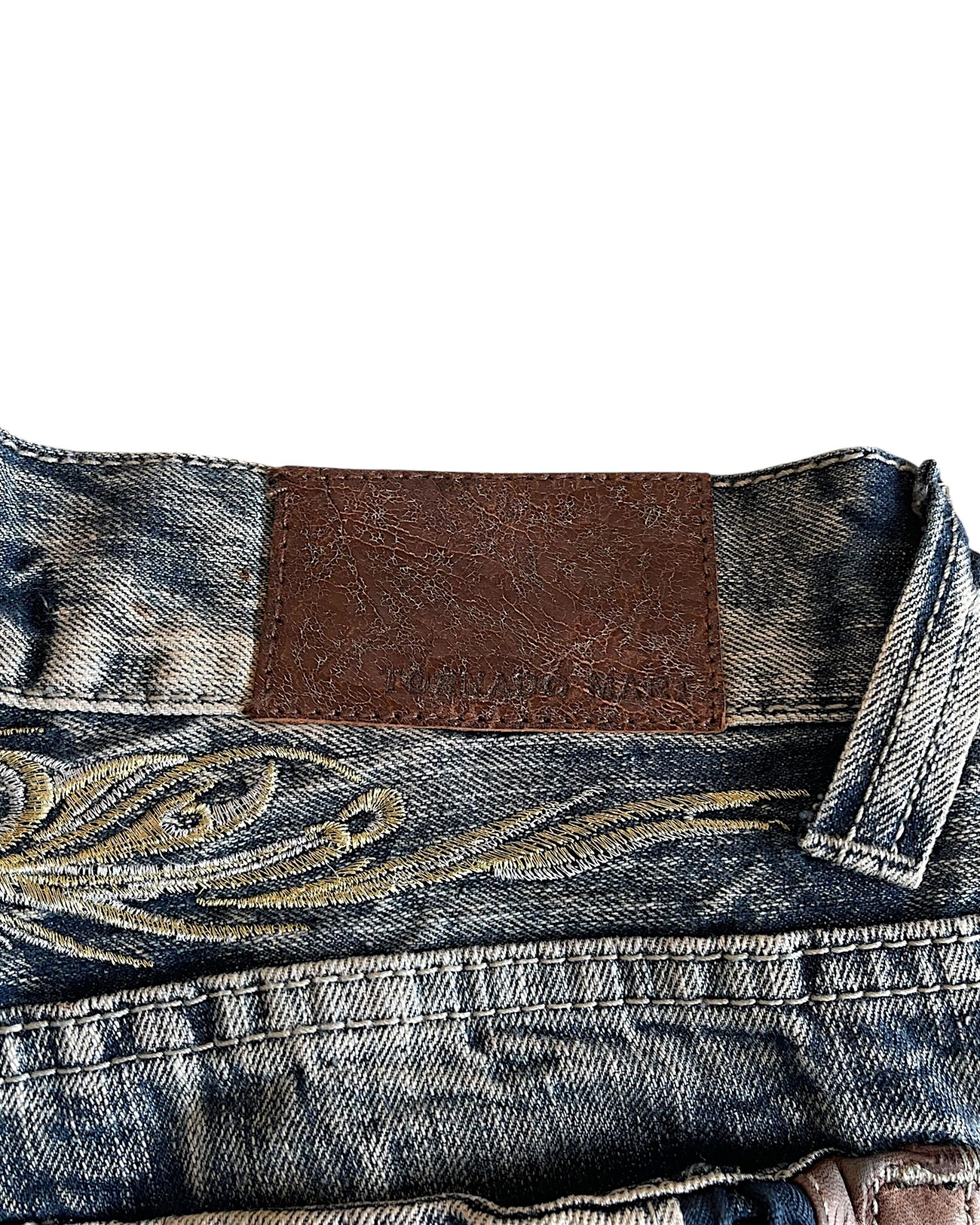 Tornado Mart Leather Detail Embroidery Denim Jean Shorts