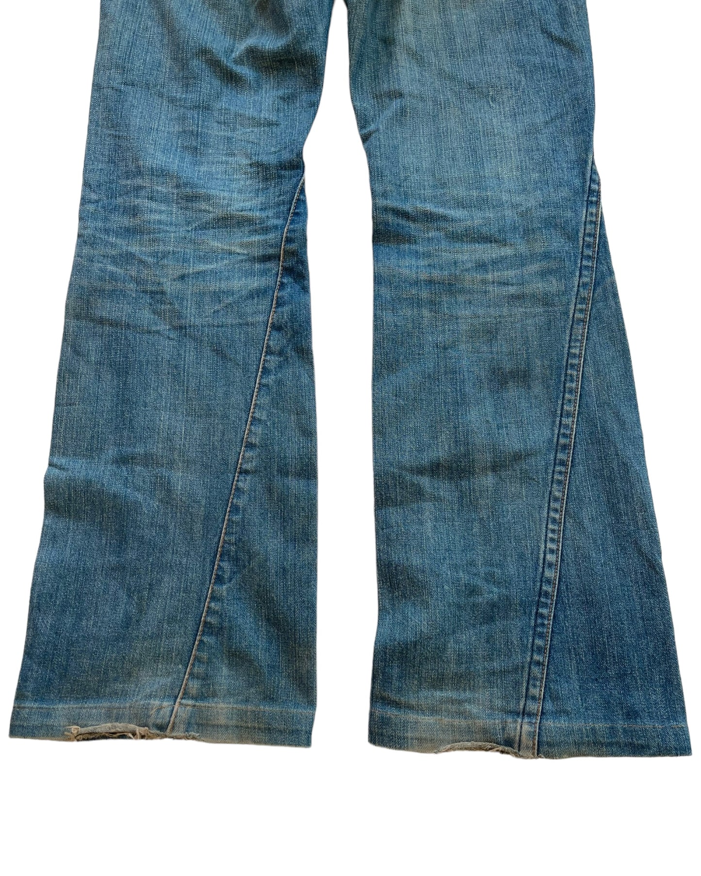 Buffalo Bobs 00s Twisted Seam Flare Leather Detail Denim Jeans