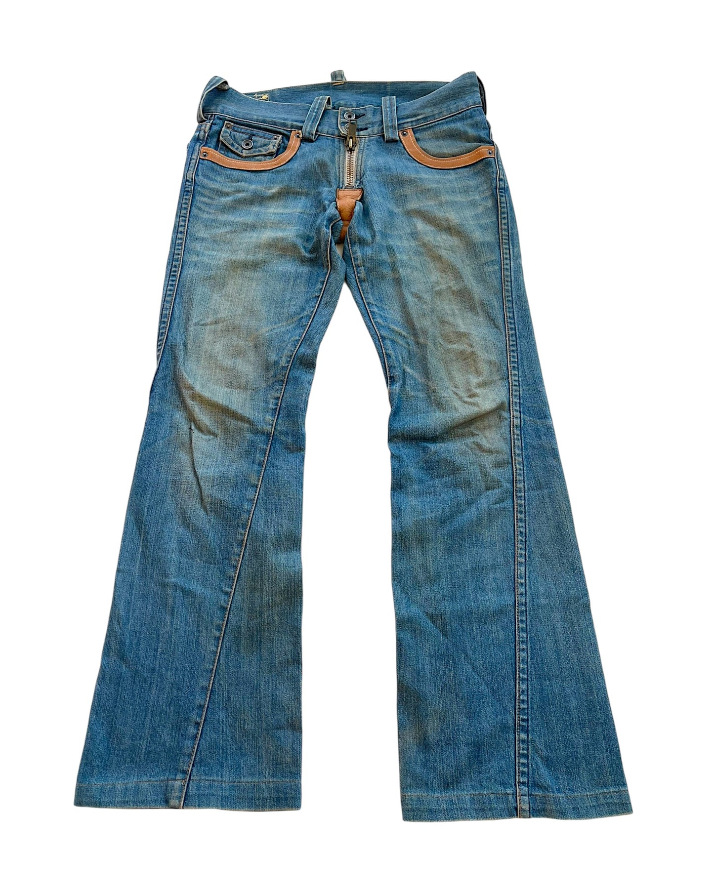 Buffalo Bobs 00s Twisted Seam Flare Leather Detail Denim Jeans