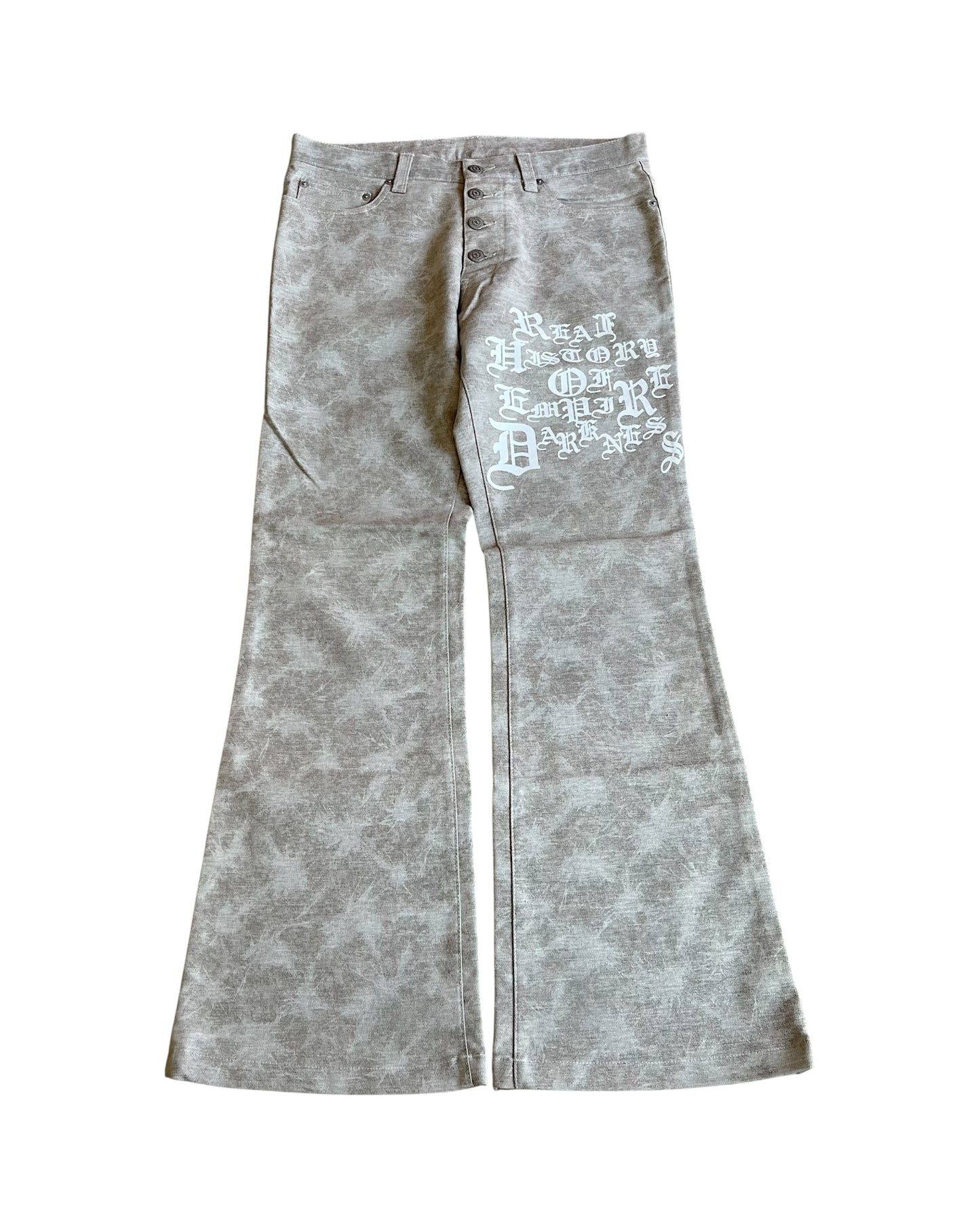 Tornado Mart 'Real History Of Empire Darkness' Printed Flare Denim Jeans