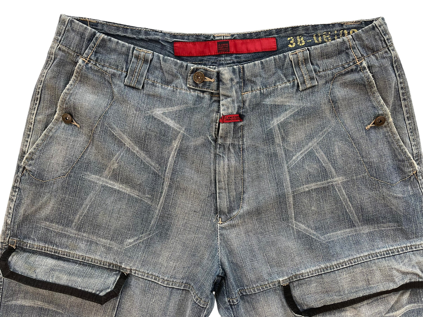 2000s Marithé + François Girbaud Chain Embroidery Cargo Velcro Strap Denim Pants