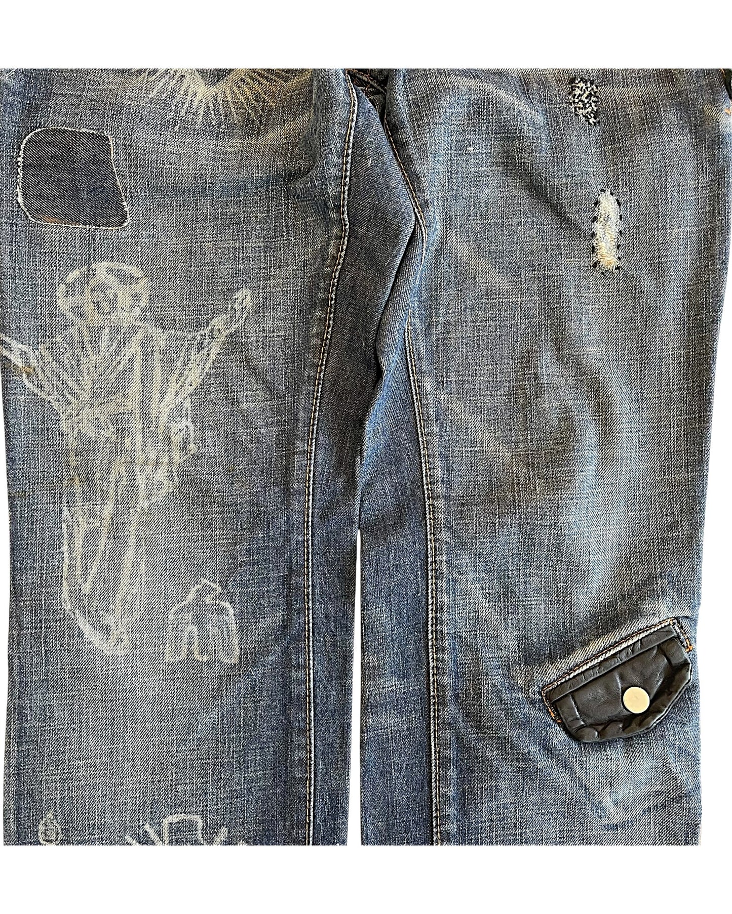 Dsquared2 00s Tattoo Prints Leather Detail Denim Jeans