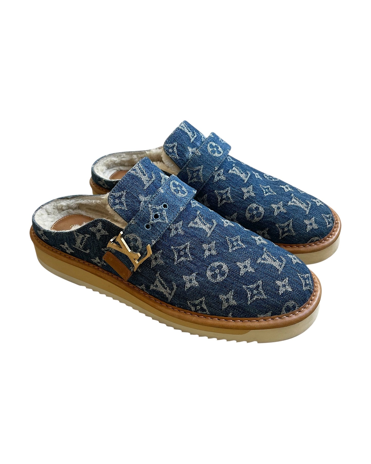 Louis Vuitton x Nigo Cosy Fur Denim Monogram Mule Slippers