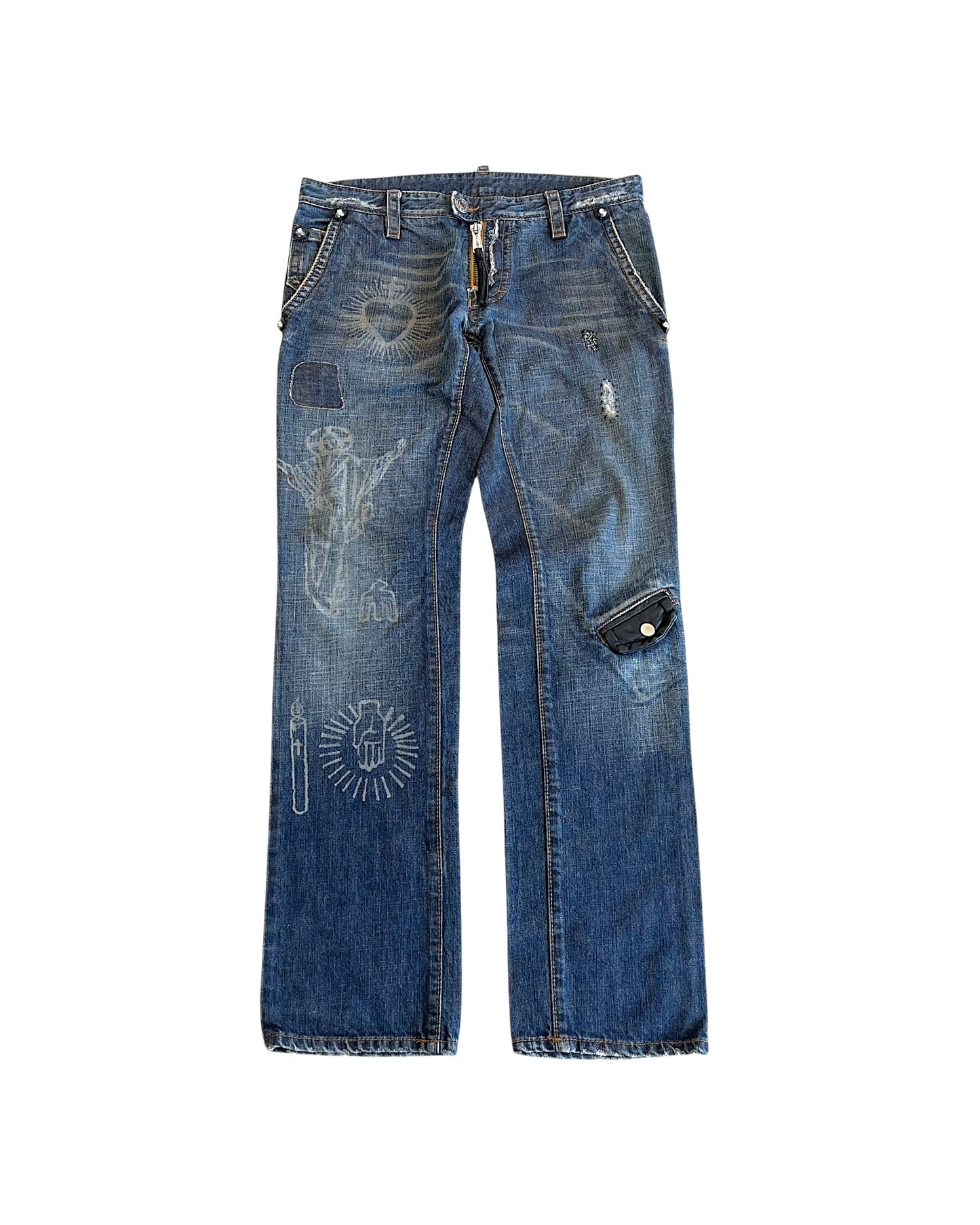 Dsquared2 00s Tattoo Prints Leather Detail Denim Jeans