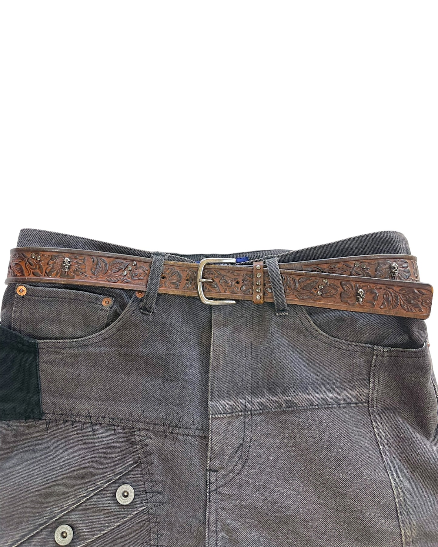 Cabane De Zucca Silver Skull Floral Embossed Leather Belt