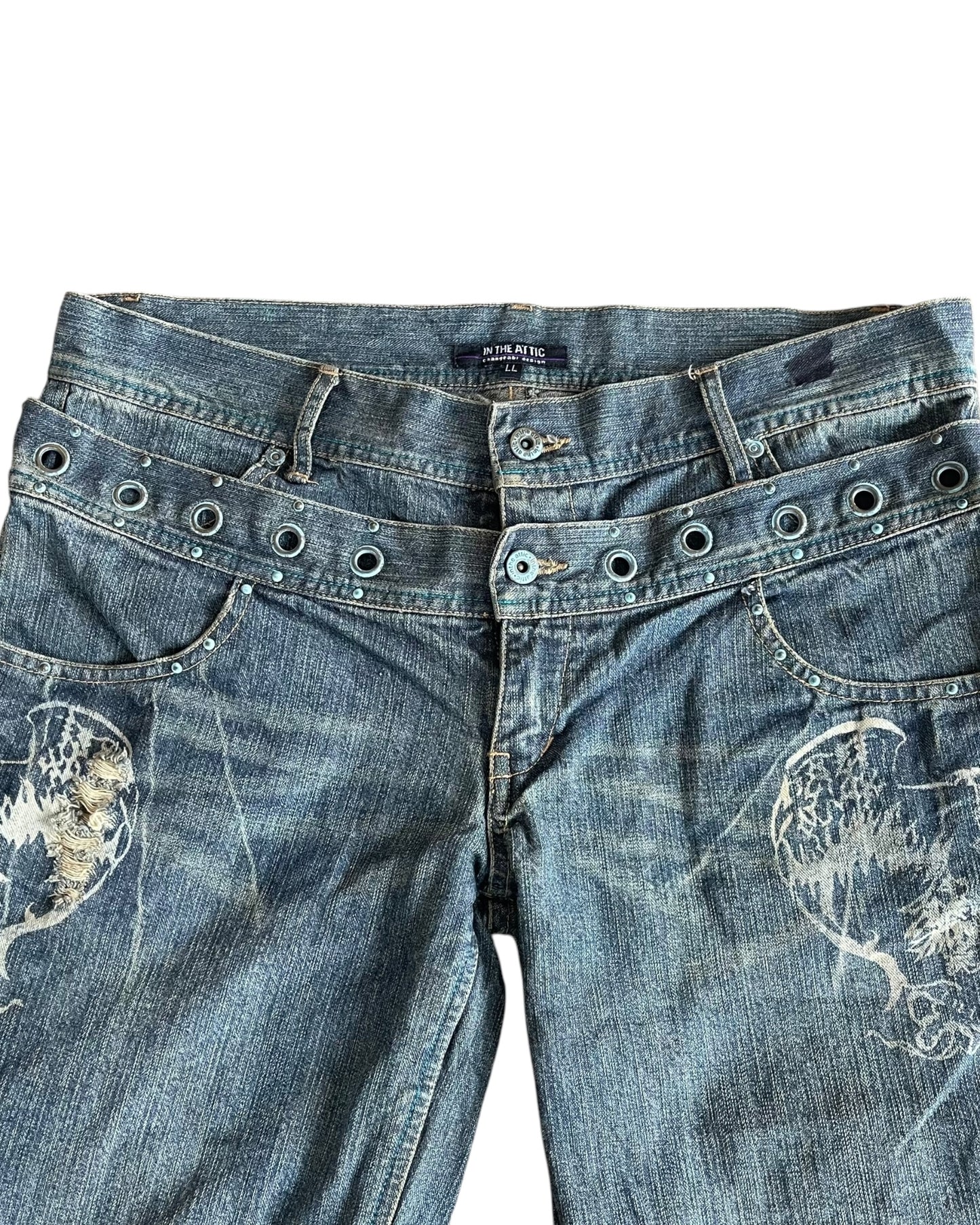 In The Attic Double Waist Studded Fringe Straight Denim