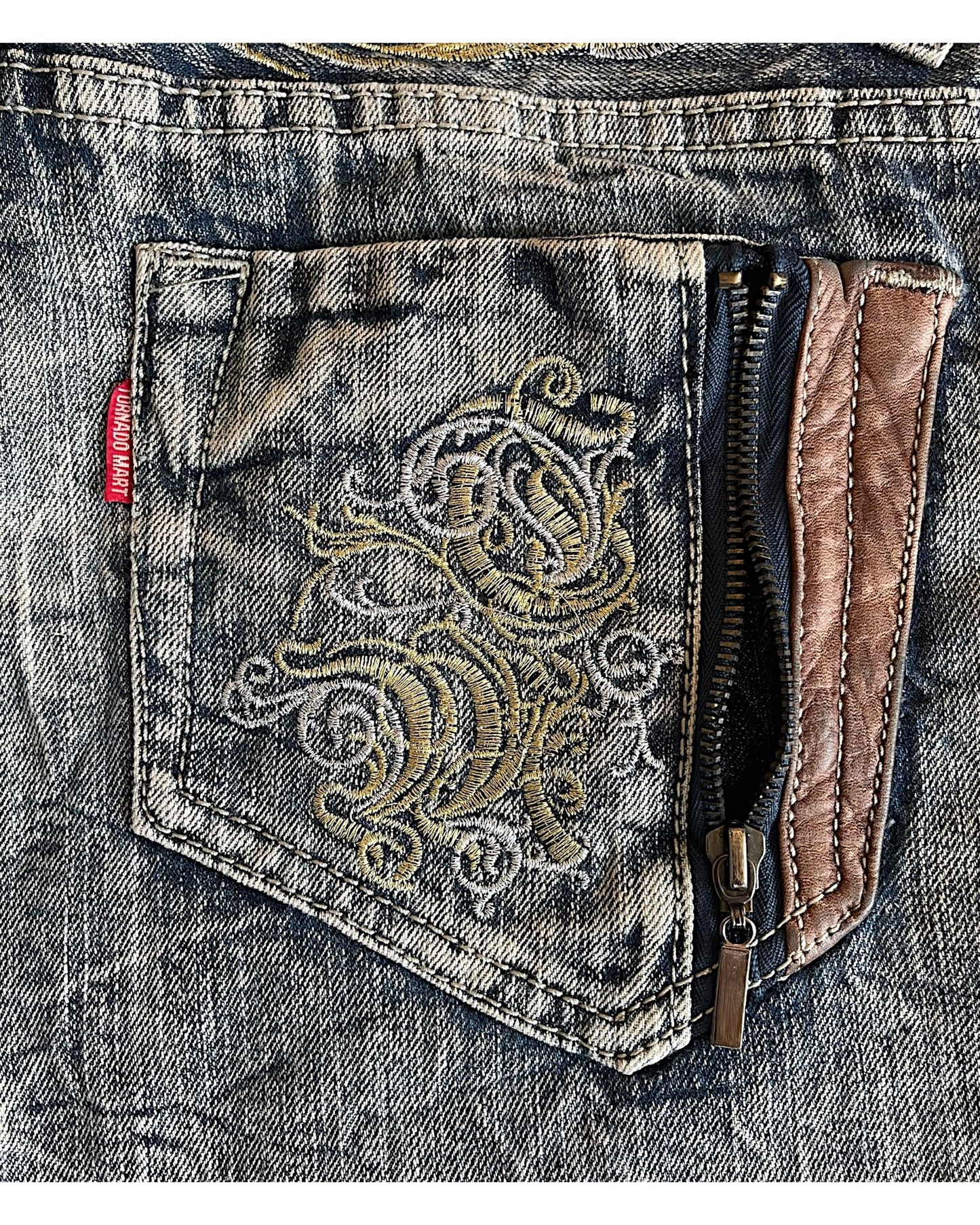Tornado Mart Leather Detail Embroidery Denim Jean Shorts