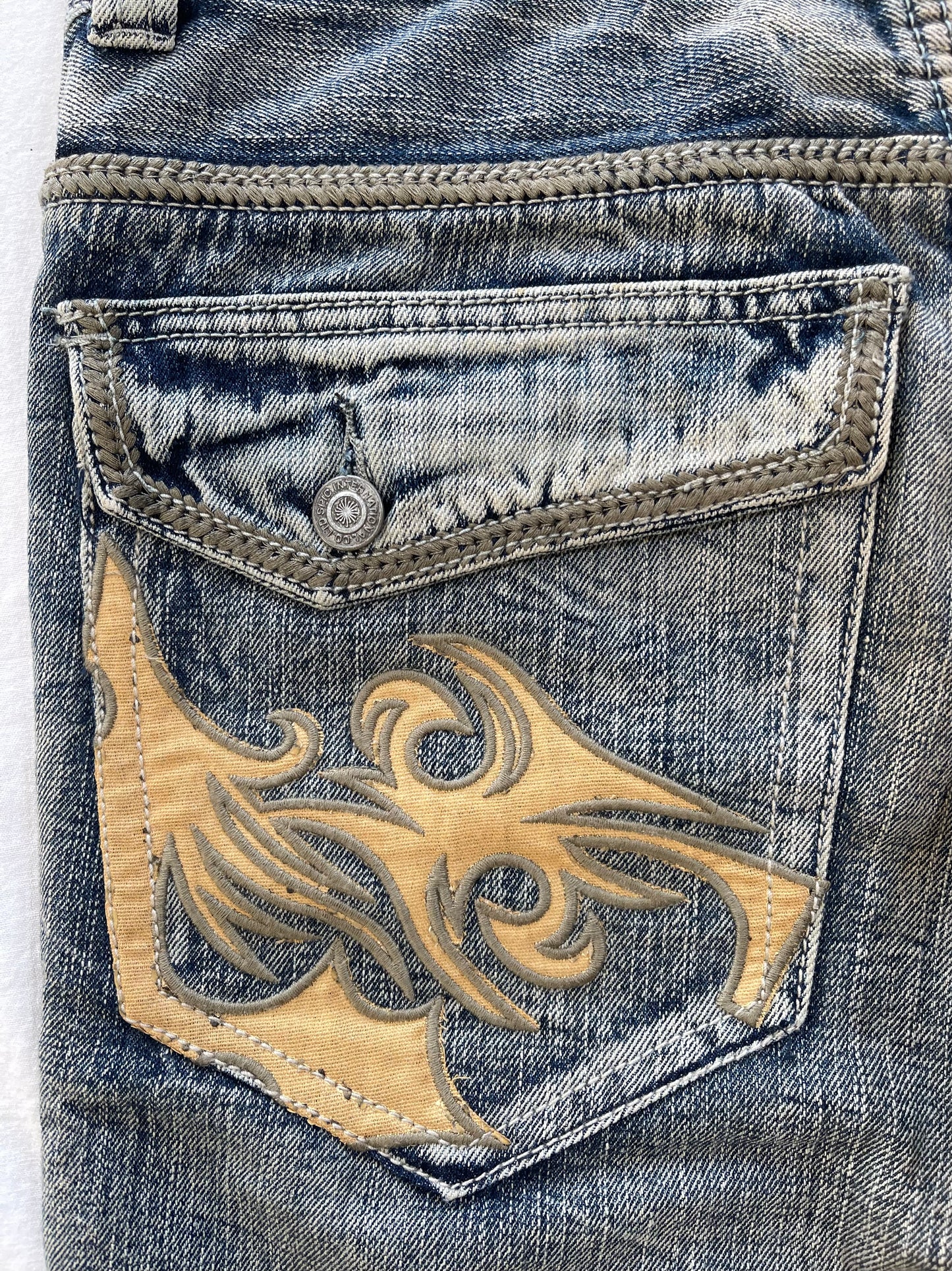 2000s Tornado Mart Tribal Embroidery Twisted Seam Chain Stitch Denim