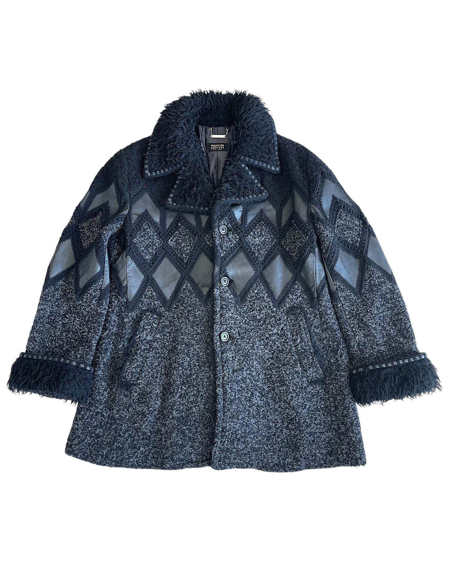 Yoshiyuki Konishi 2000s Monster Fur Leather Diamond Pattern Wool Coat