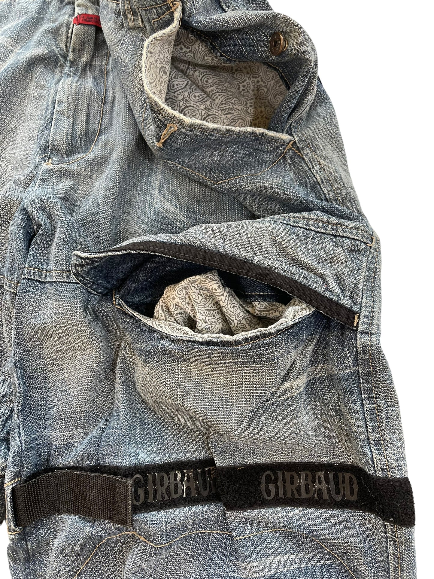 2000s Marithé + François Girbaud Chain Embroidery Cargo Velcro Strap Denim Pants