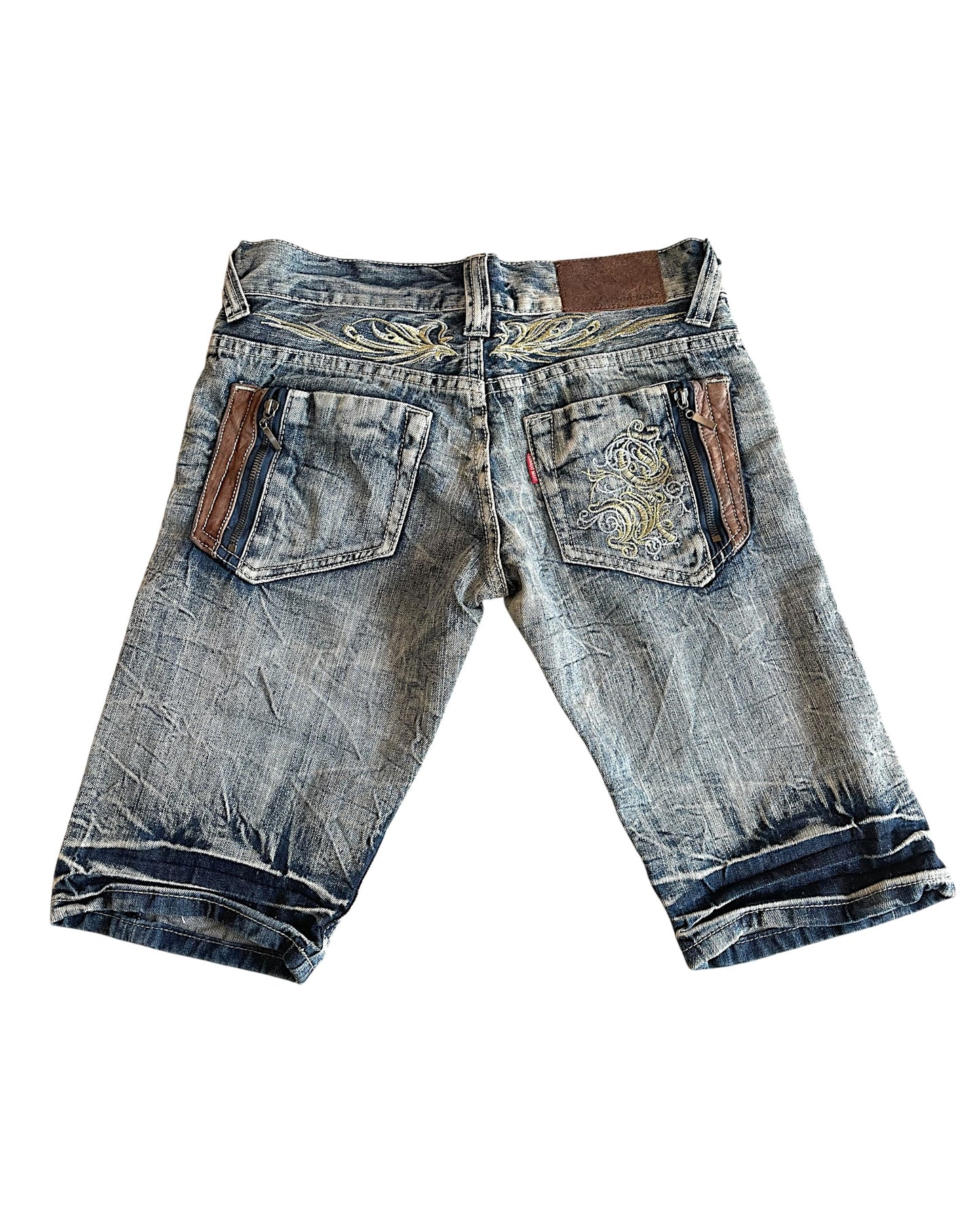 Tornado Mart Leather Detail Embroidery Denim Jean Shorts