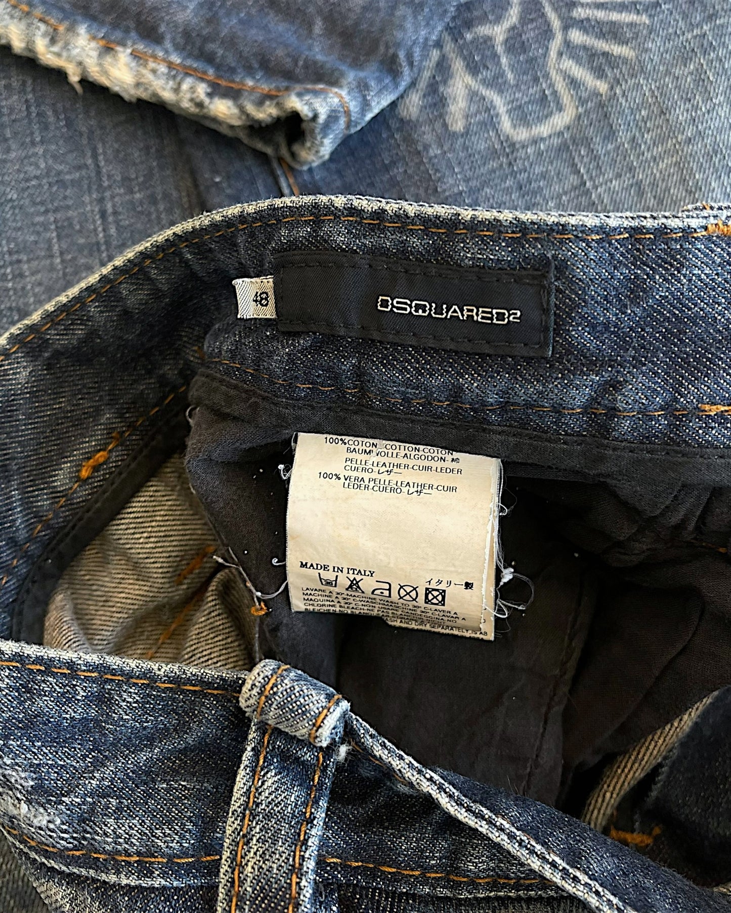 Dsquared2 00s Tattoo Prints Leather Detail Denim Jeans
