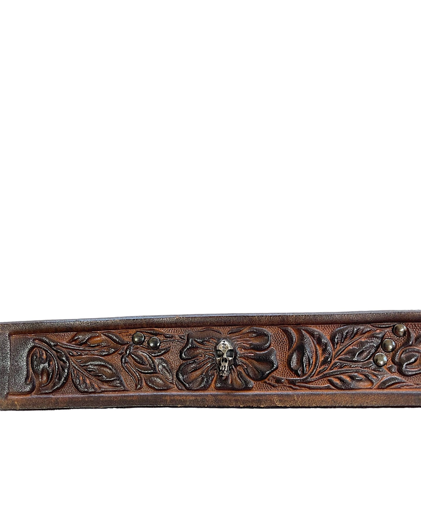 Cabane De Zucca Silver Skull Floral Embossed Leather Belt