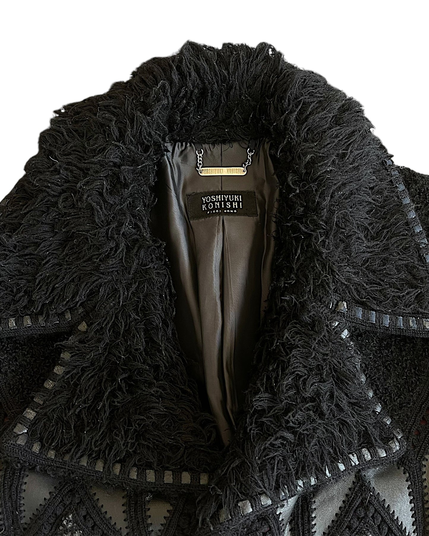 Yoshiyuki Konishi 2000s Monster Fur Leather Diamond Pattern Wool Coat