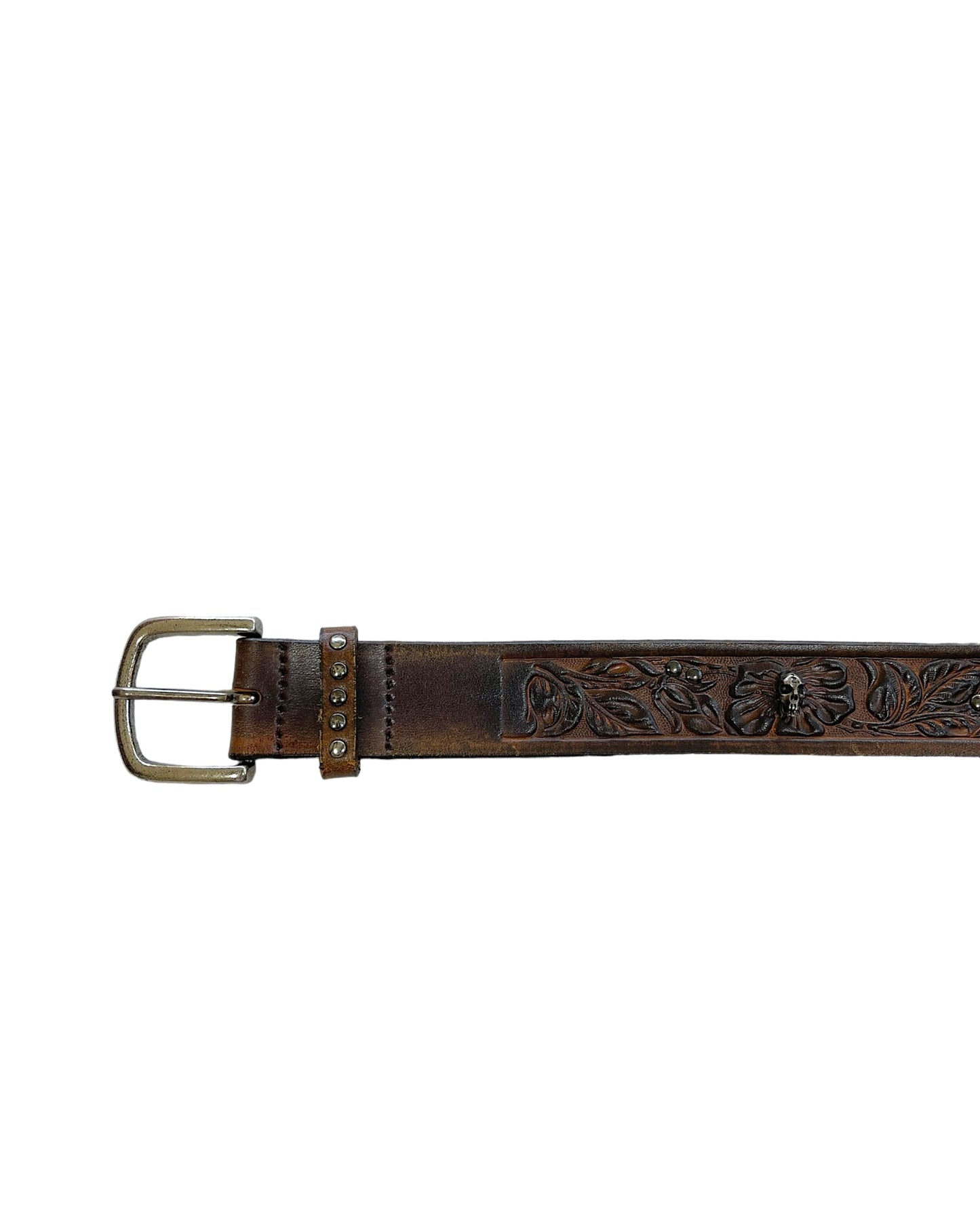 Cabane De Zucca Silver Skull Floral Embossed Leather Belt