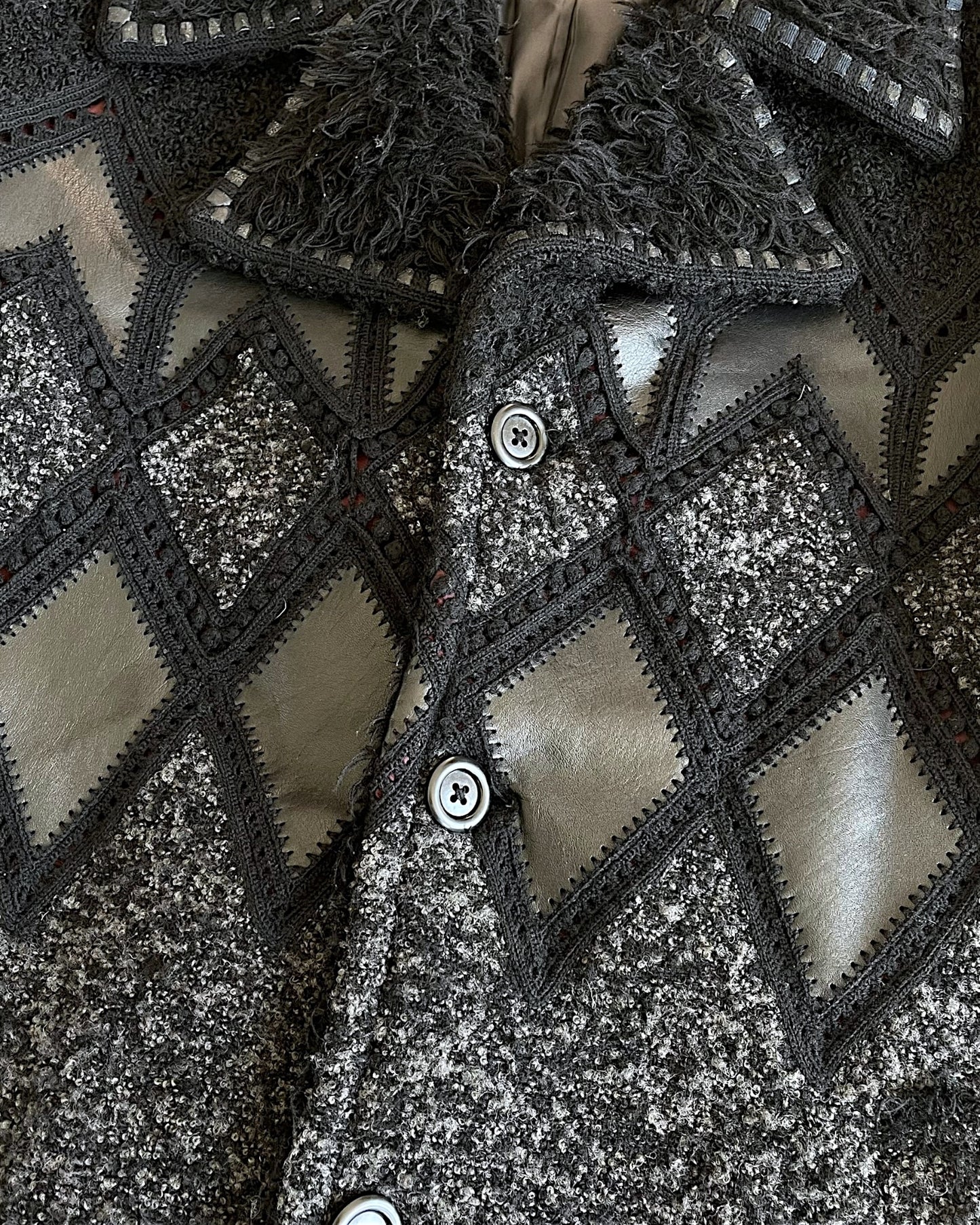 Yoshiyuki Konishi 2000s Monster Fur Leather Diamond Pattern Wool Coat