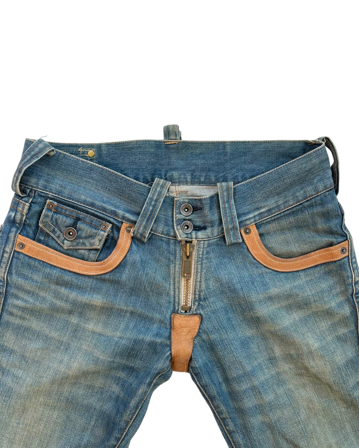 Buffalo Bobs 00s Twisted Seam Flare Leather Detail Denim Jeans