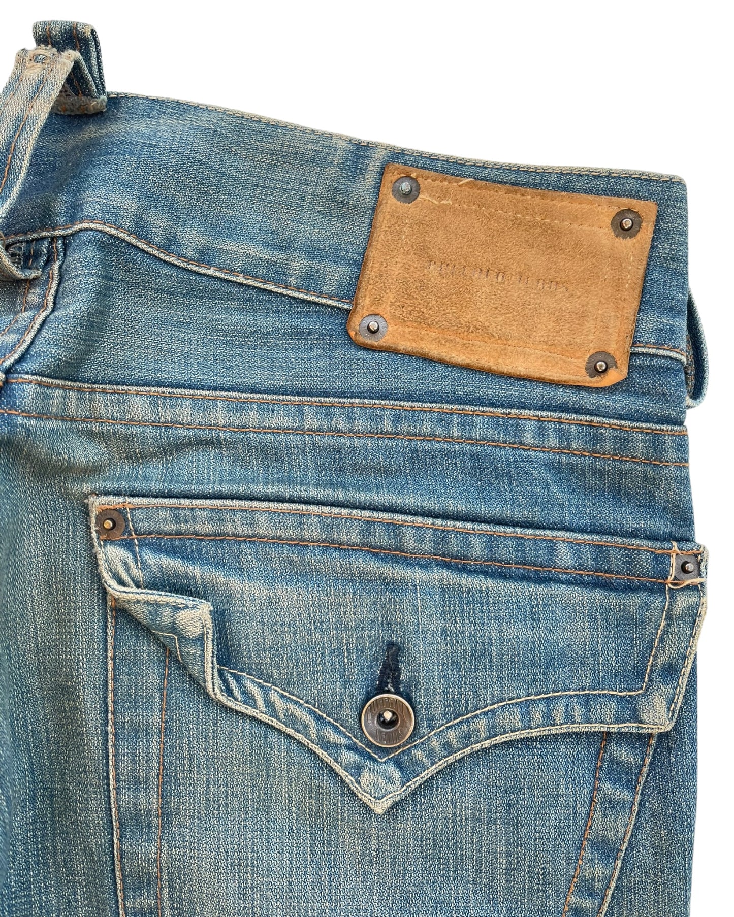 Buffalo Bobs 00s Twisted Seam Flare Leather Detail Denim Jeans