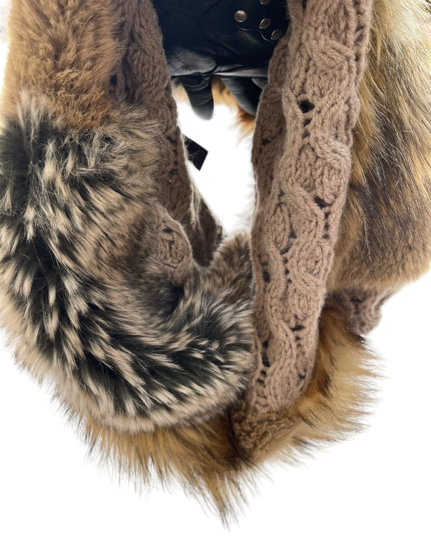 Mihara Yasuhiro Alpaca/Acrylic Fur Patchwork Knit Snood Scarf Head Wrap