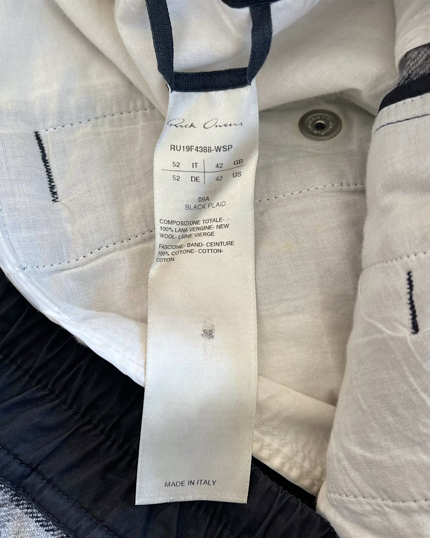 Rick Owens FW2019 "Larry" Black Plaid Wool Zipper Jogger Pants