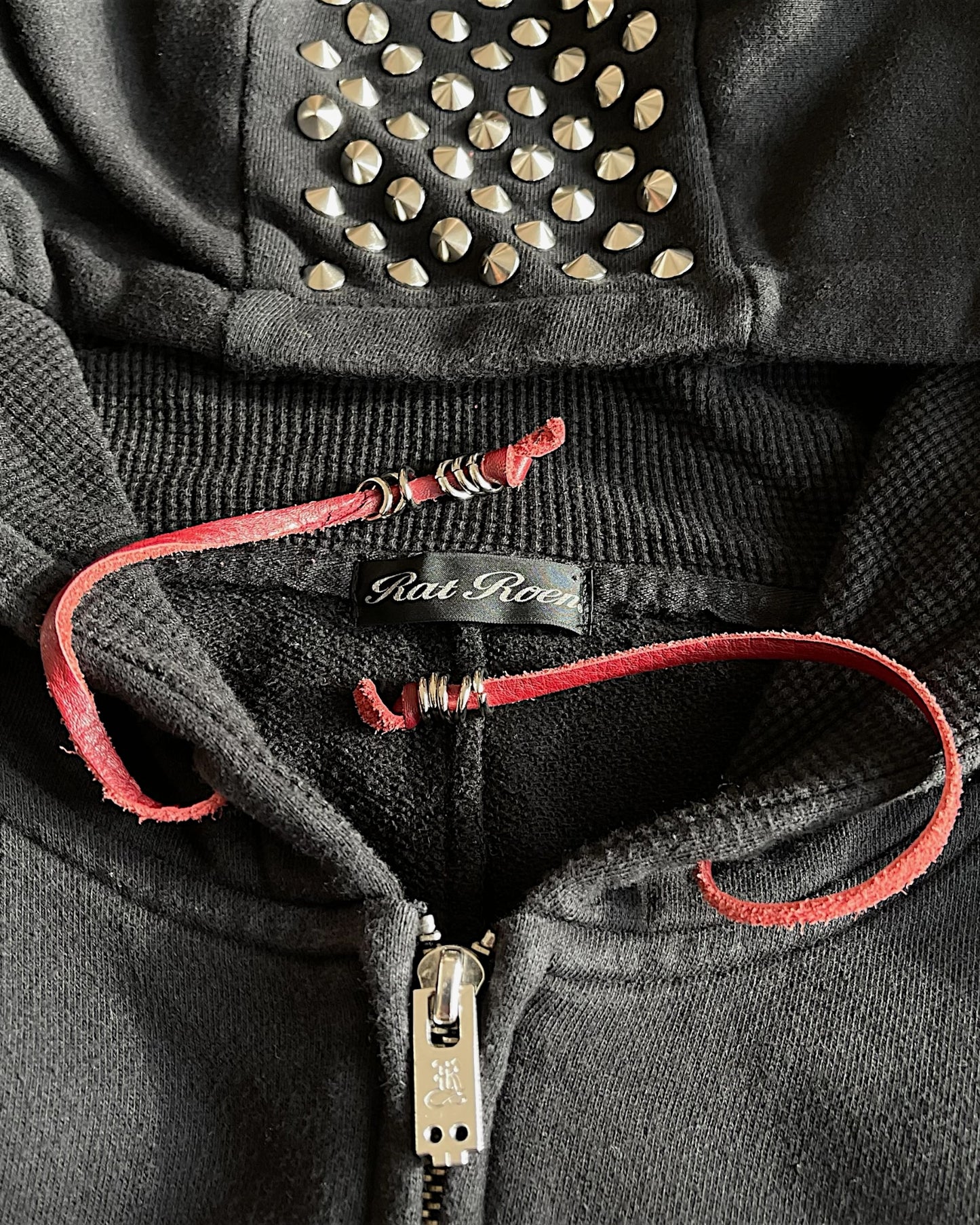 Rat Roen Studded Hood Pierced Leather Strings Zip Sweatshirt