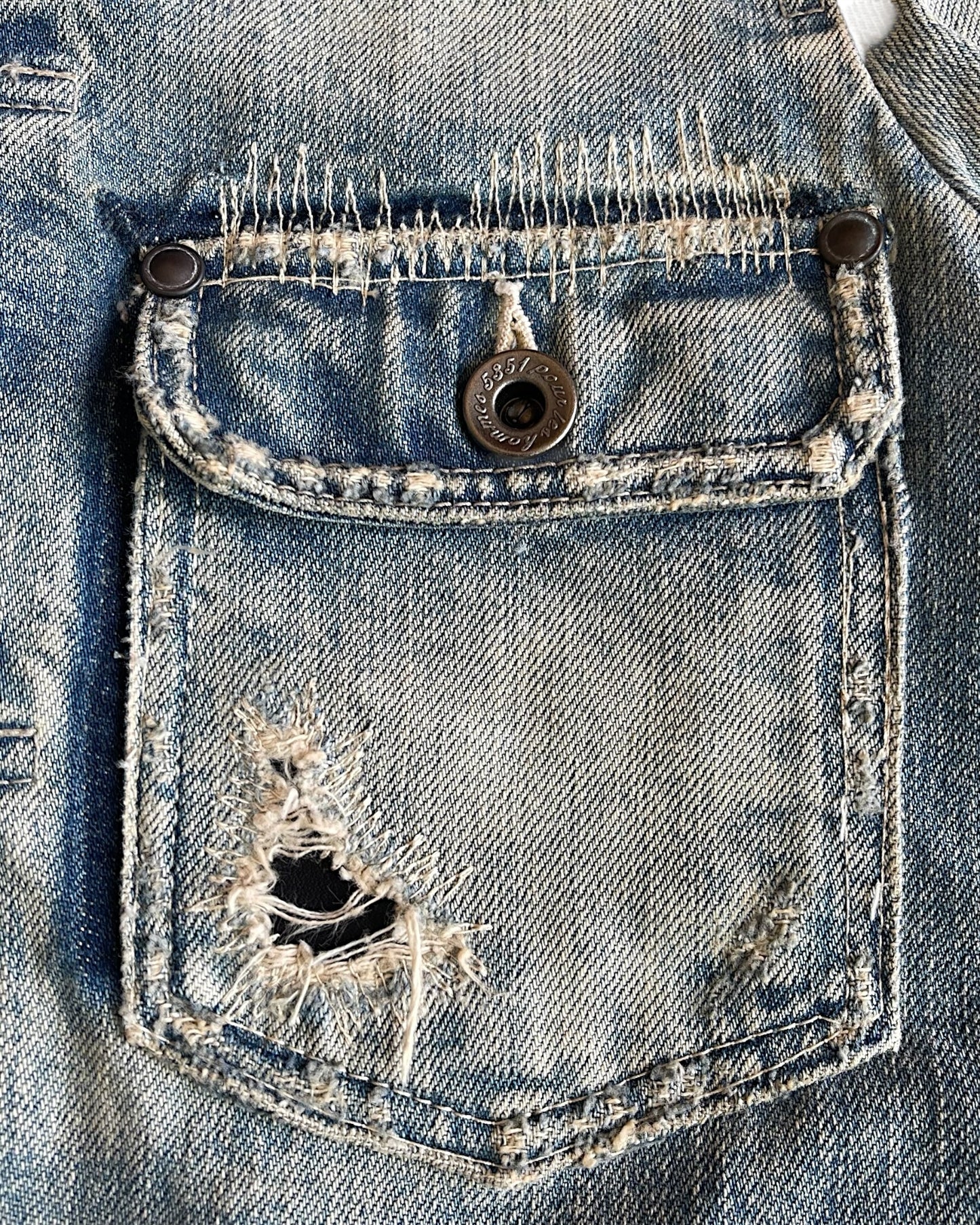 5351 Pour Les Hommes Black Line Distressed Repaired Type 1 Denim Jacket
