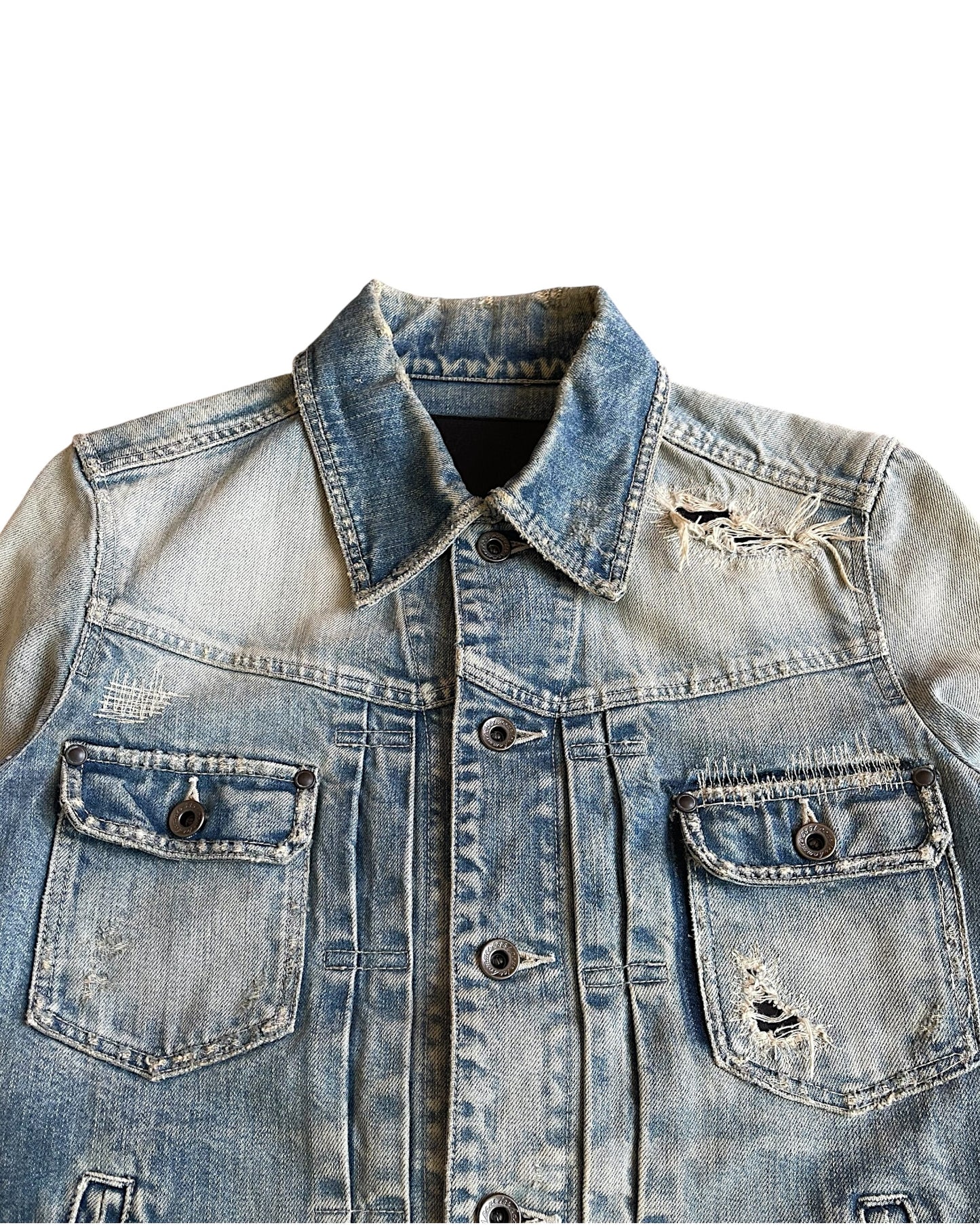 5351 Pour Les Hommes Black Line Distressed Repaired Type 1 Denim Jacket
