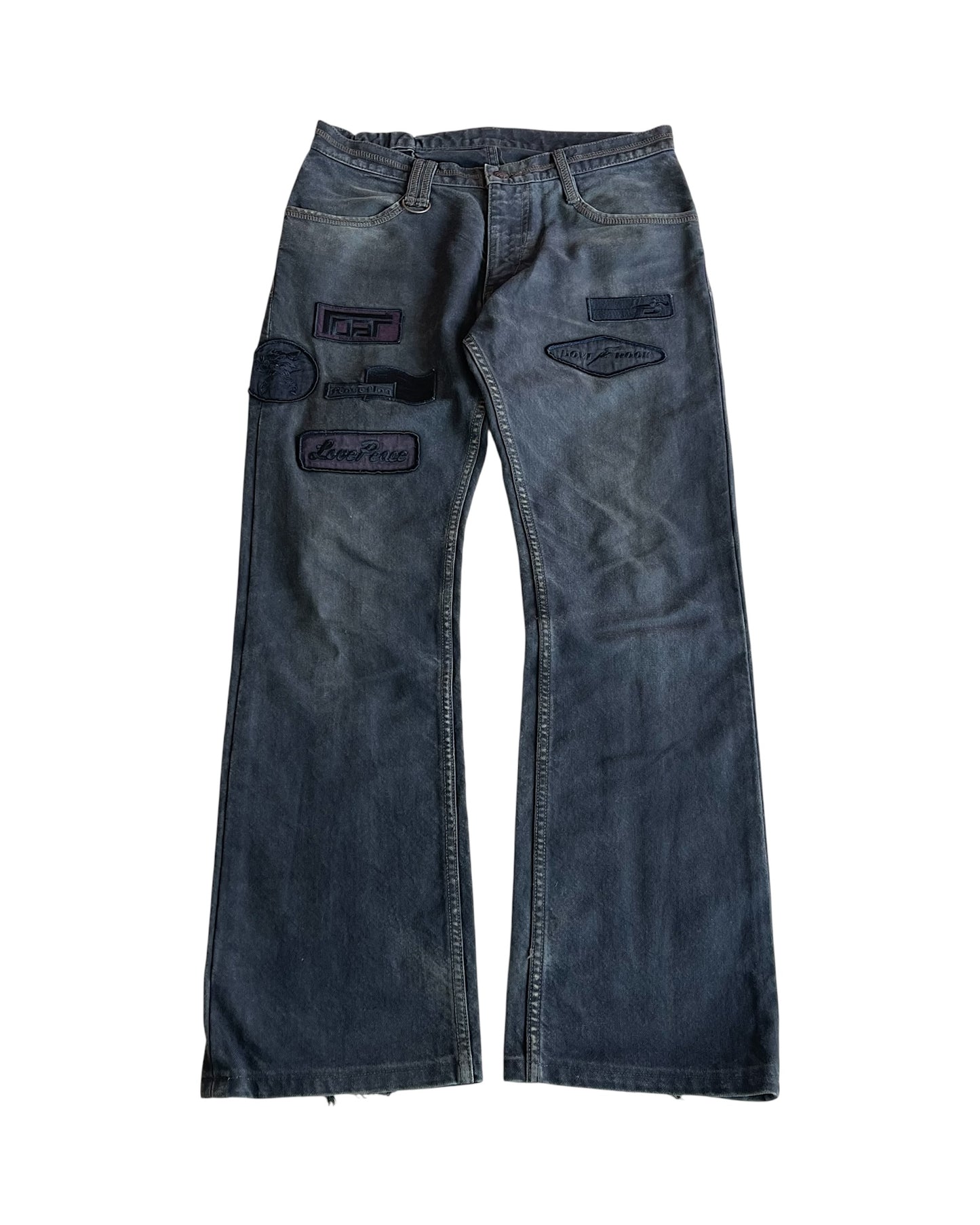 Roarguns 2000s Over-Dyed Racing Love Rock Patches Striped Denim Jeans