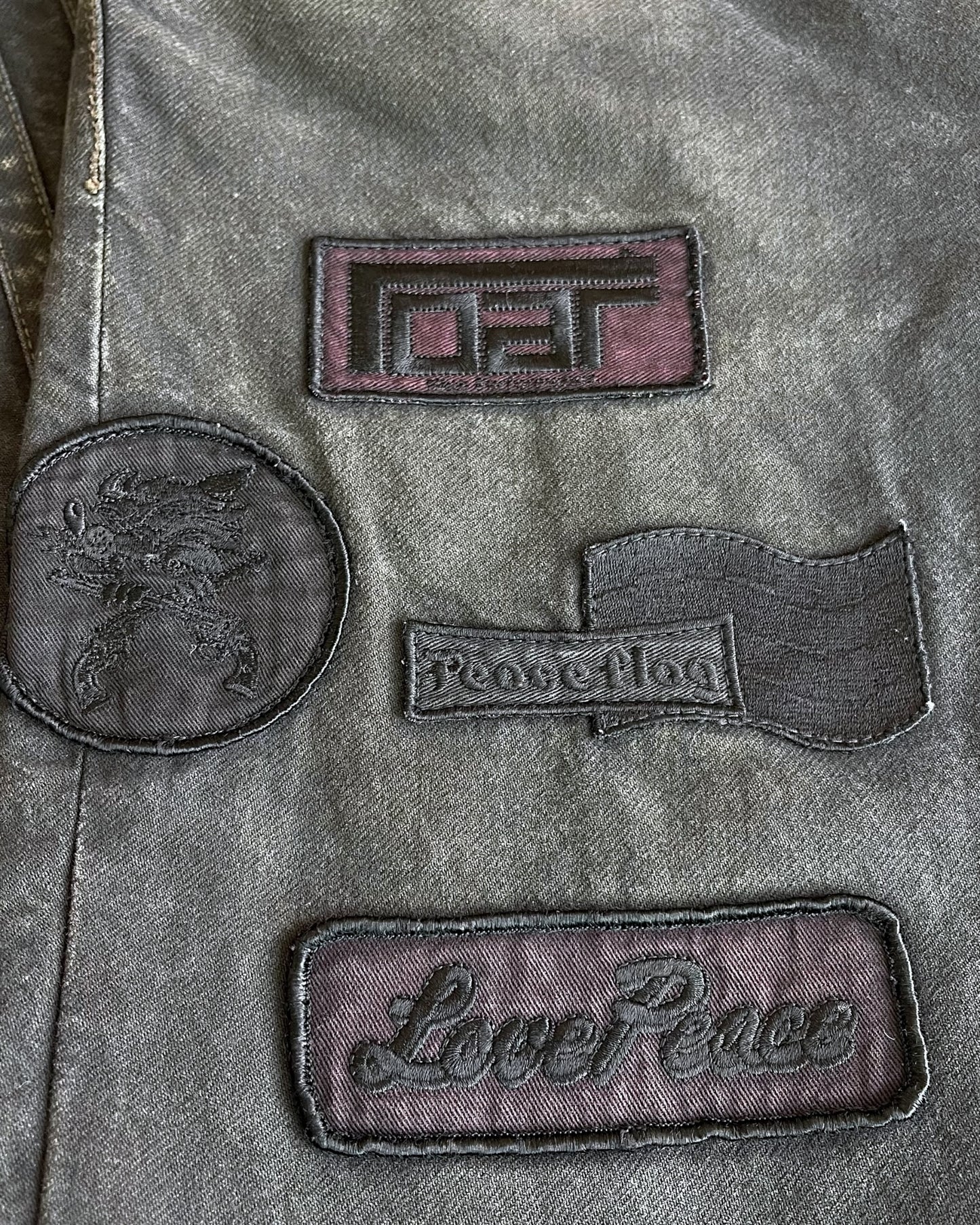 Roarguns 2000s Over-Dyed Racing Love Rock Patches Striped Denim Jeans