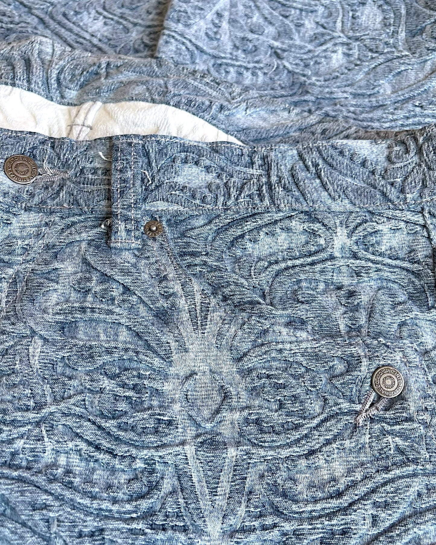 Tornado Mart Embossed Floral Tapestry Flare Denim Jeans