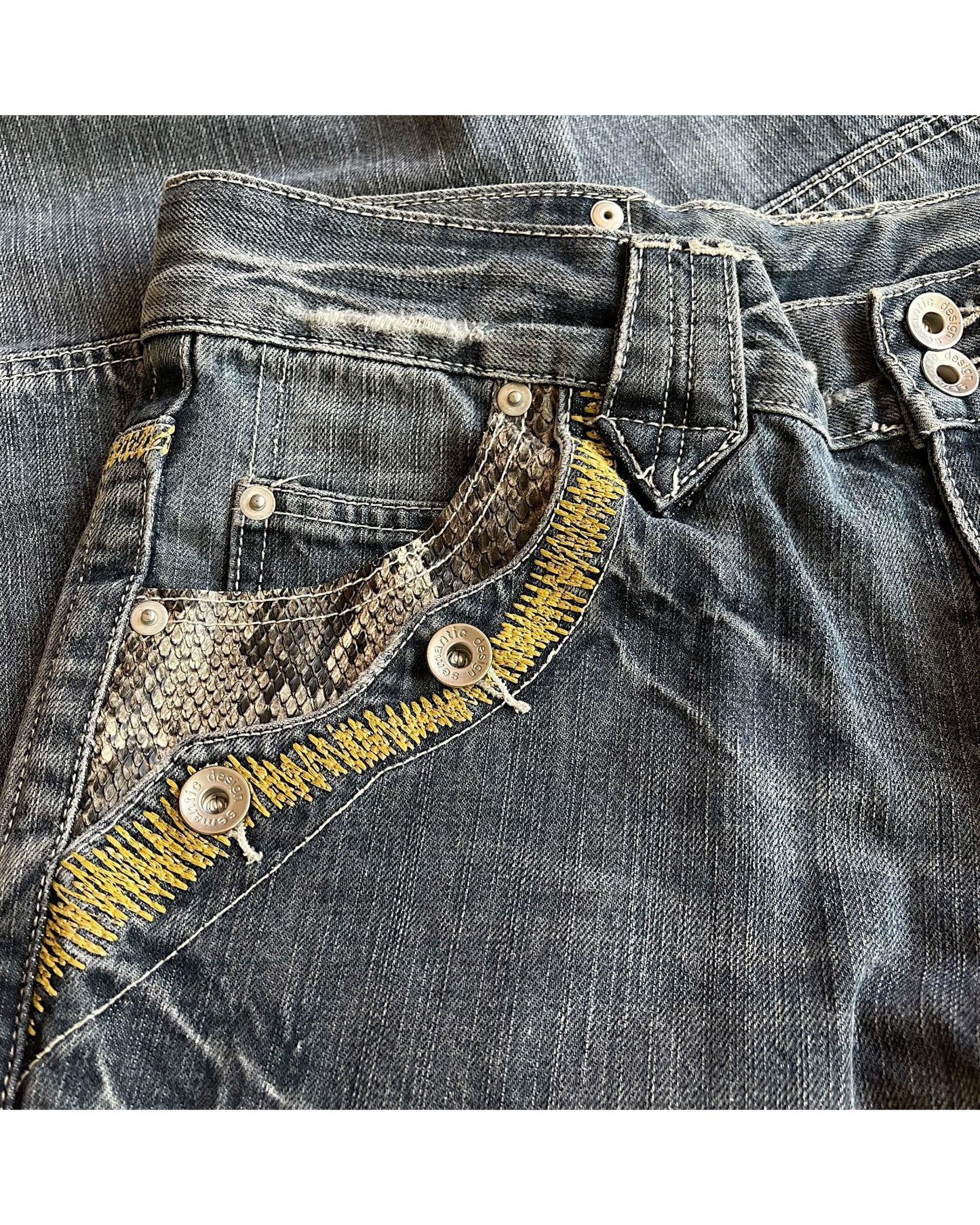 Semantic Design Python Double Pocket Sword Knee Flare Denim Jeans