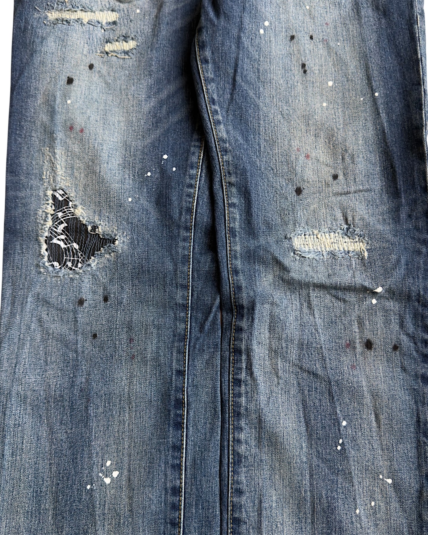 Number (N)ine x Loveless Music Notes Paint Splatter Distressed Repaired Denim Jeans