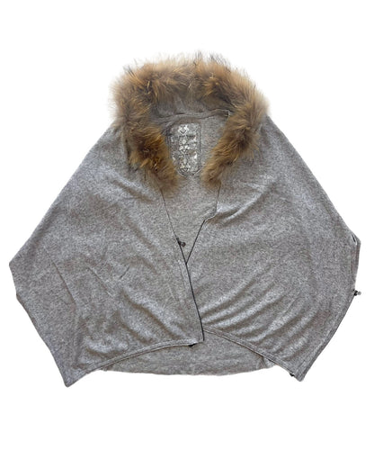 GOA Raccoon Fur Hood Knit Zip Shawl + Layer Knit Raw Hem Sweater