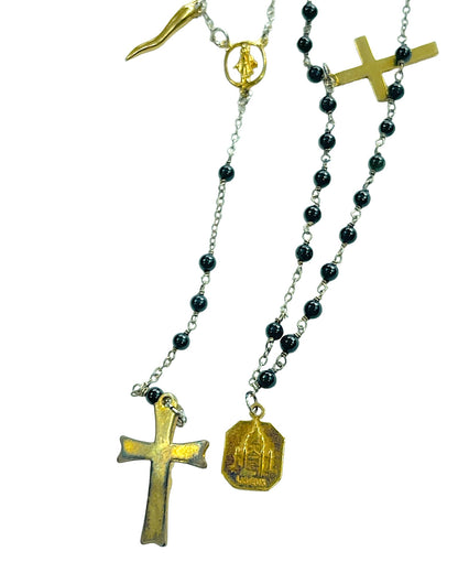 Dolce & Gabbana Gold Alloy Black Jade Cross Rosary Charms Necklace