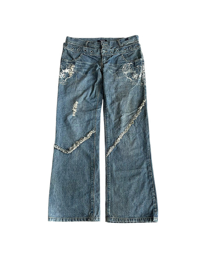In The Attic Double Waist Studded Fringe Straight Denim