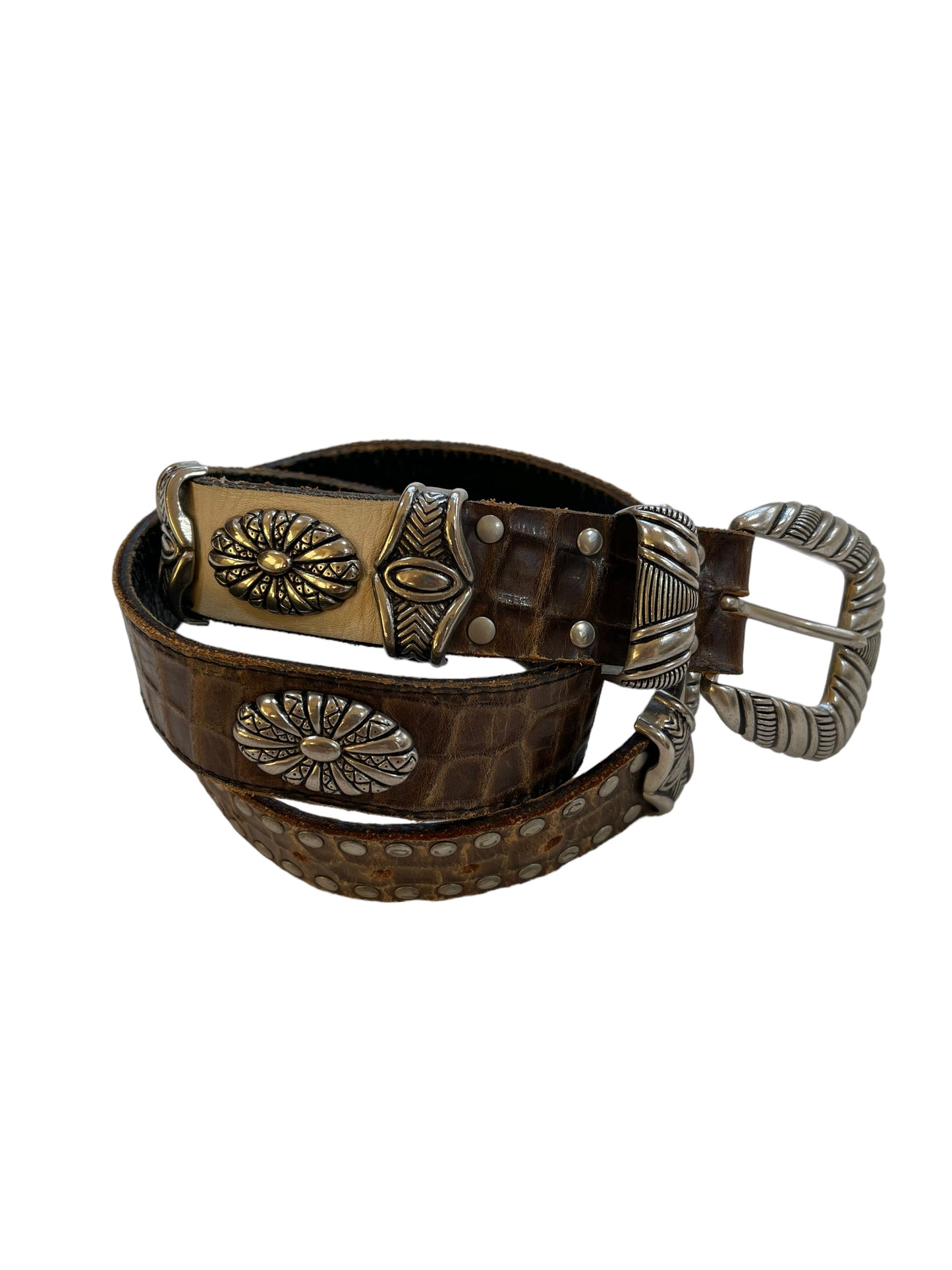 Tornado Mart Silver Concho Studded Crocodile Embossed Leather Belt