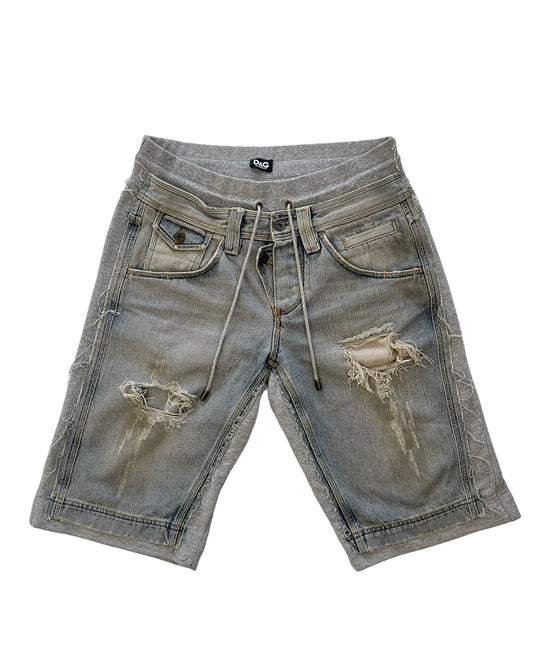 2000s Dolce & Gabbana Hybrid Distressed Denim Sweat Double Waist Shorts