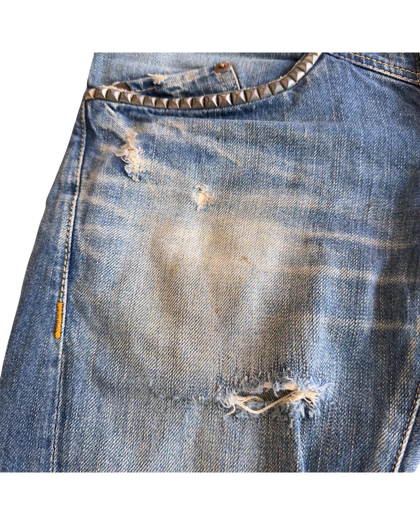 Hysteric Glamour 2000s Light Blue Sand Washed Studded Distressed Flare Denim Jeans