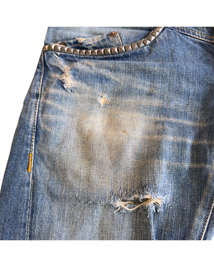 Hysteric Glamour 2000s Light Blue Sand Washed Studded Distressed Flare Denim Jeans