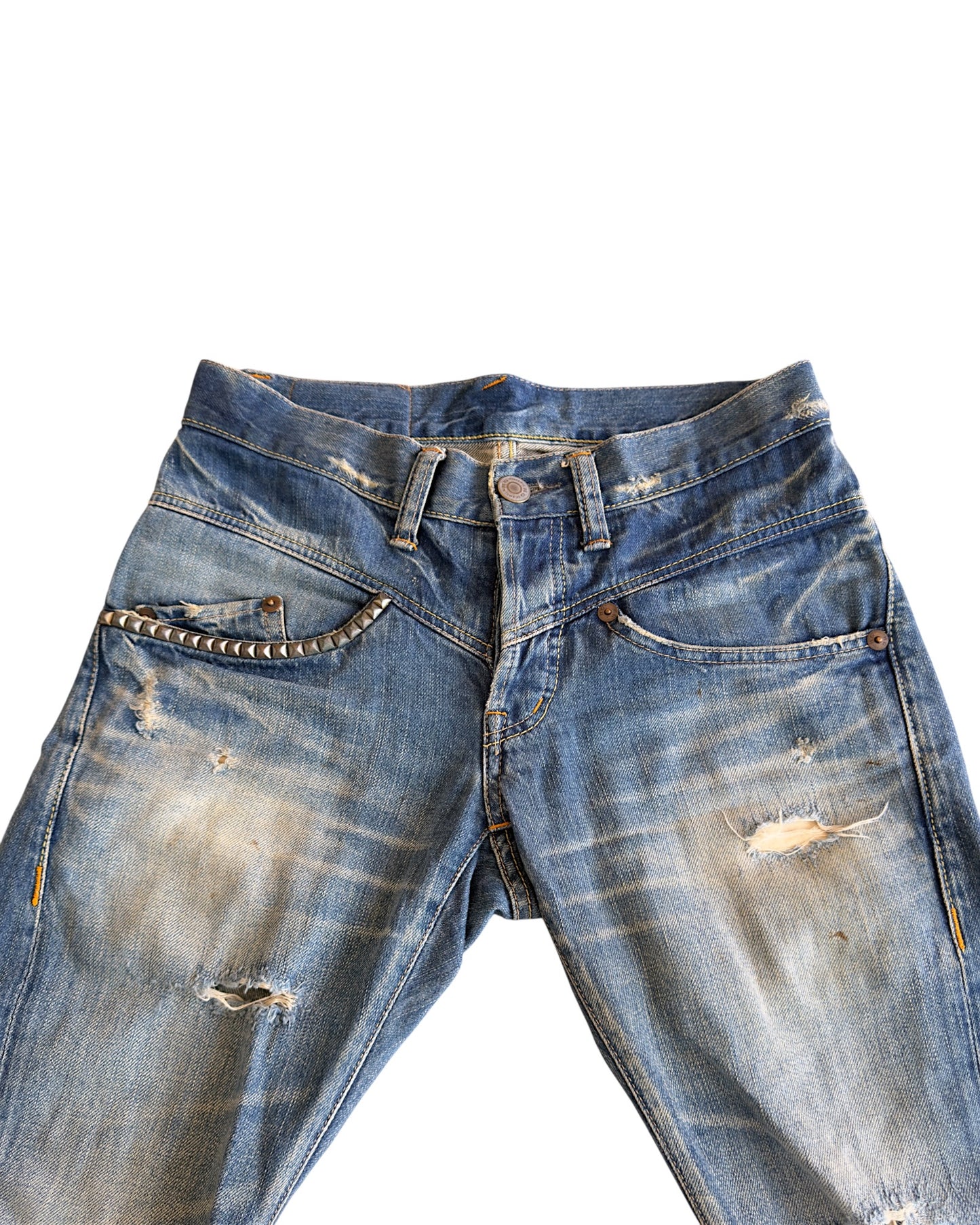 Hysteric Glamour 2000s Light Blue Sand Washed Studded Distressed Flare Denim Jeans