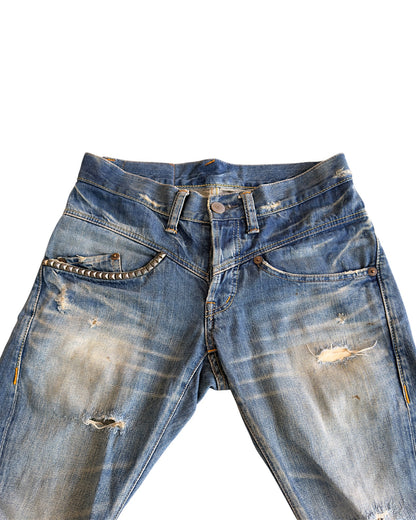 Hysteric Glamour 2000s Light Blue Sand Washed Studded Distressed Flare Denim Jeans