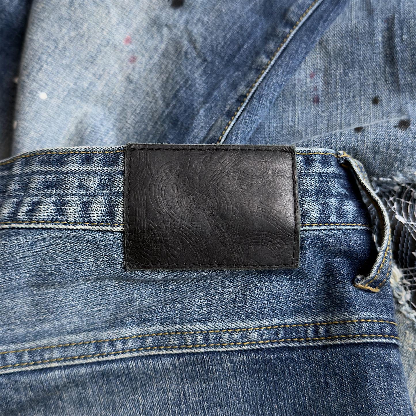 Number (N)ine x Loveless Music Notes Paint Splatter Distressed Repaired Denim Jeans